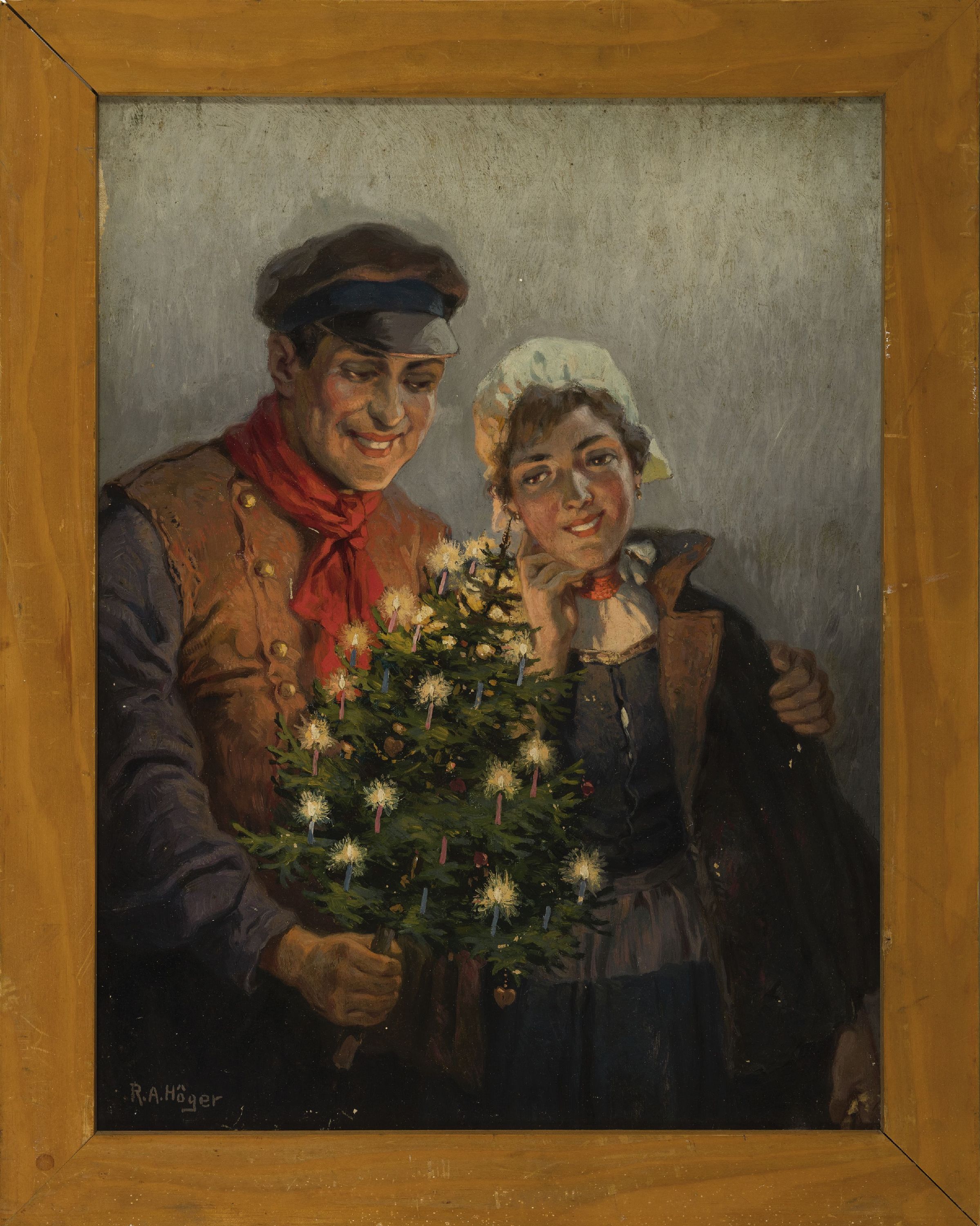 Detail k: Rudolf Alfred Höger, 1877 Proßnitz-1930 Wien, wohl österreichisches Trachtenpaar mit Weihnachtsbaum, links unten signiert, Öl/Lwd,ca. 44x34 cm, ...