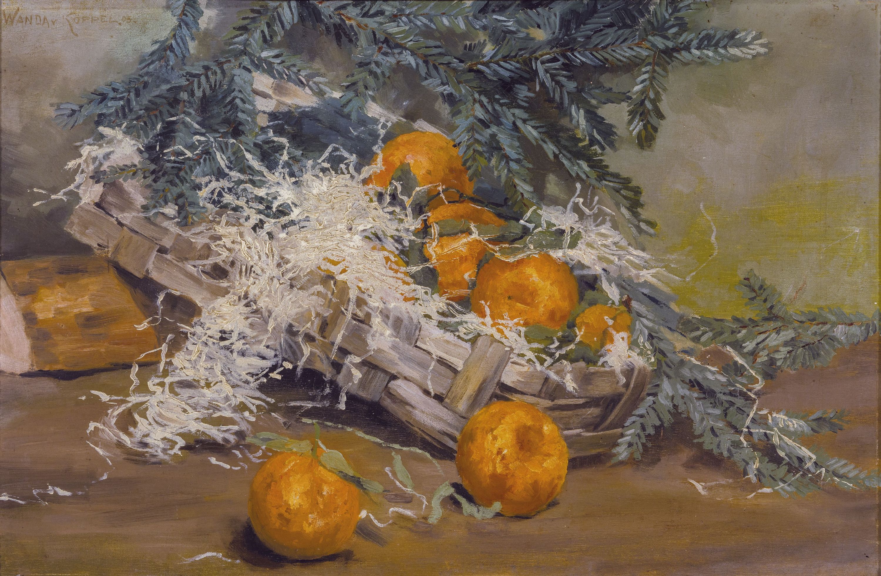 Image 26956224 - Wanda von Köppel, datiert 1903, Stillleben mit Orangen und Tannenzweigen, links oben ...