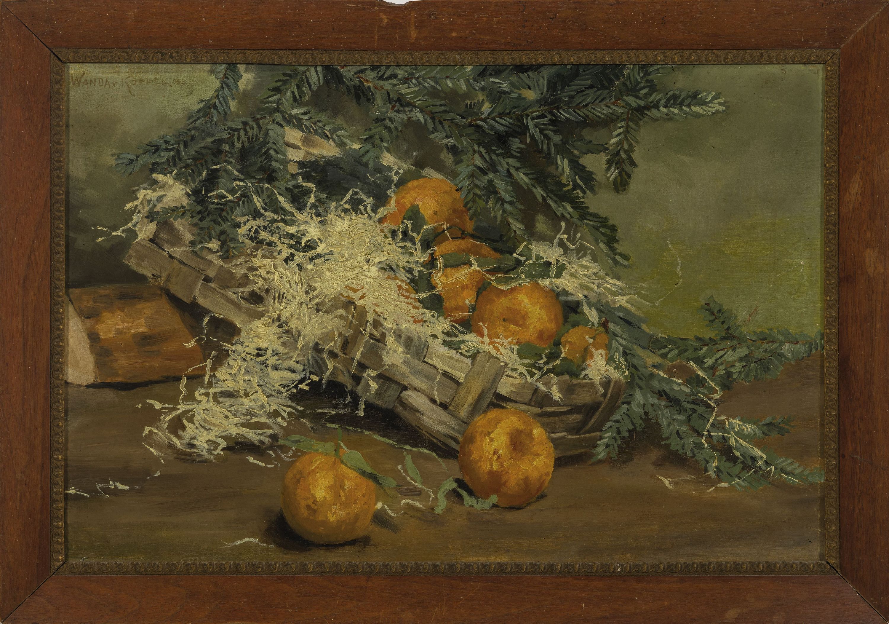 Detail k: Wanda von Köppel, datiert 1903, Stillleben mit Orangen und Tannenzweigen, links oben signiert und datiert, Öl/Lwd, Rahmen 42x61 cm
