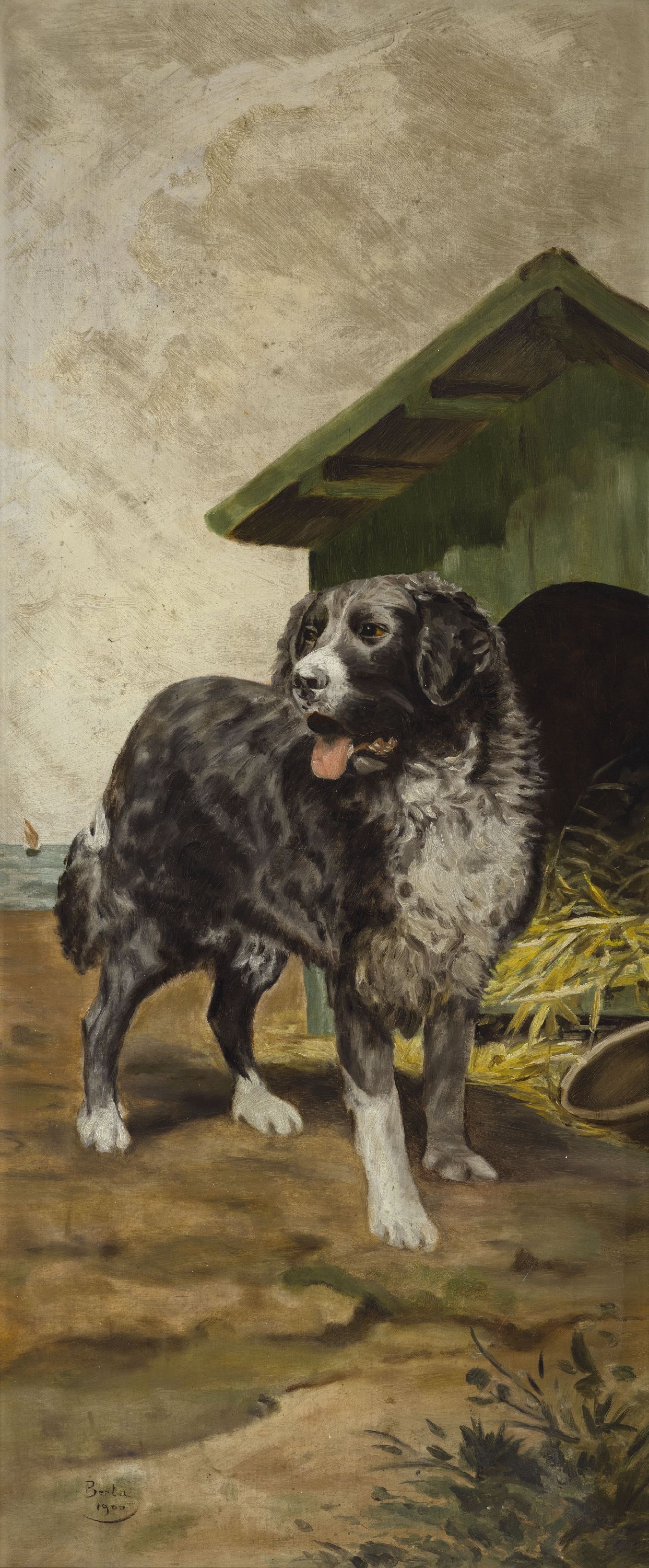 Detail a: Berta, Künstler der Jahrhundertwende, datiert 1900, 2 Gemälde, Foxhound im Stall, wohl Münsterländer vor Hundehütte, je signiert und datiert ...