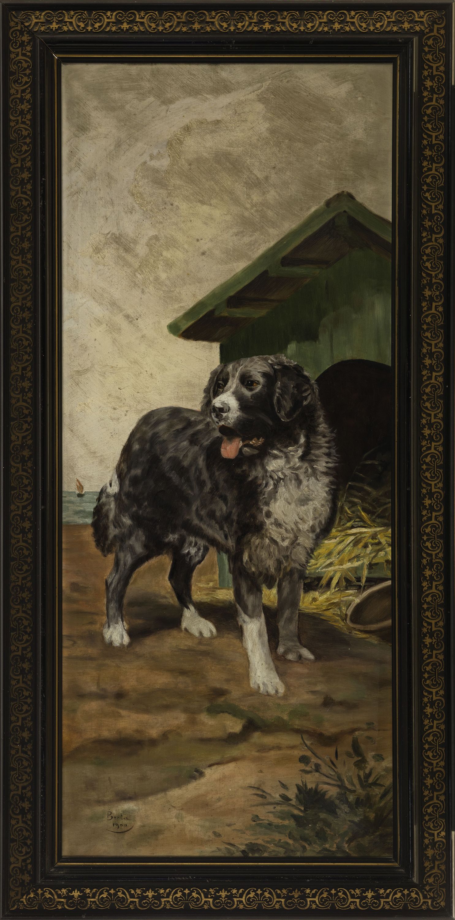 Detail l: Berta, Künstler der Jahrhundertwende, datiert 1900, 2 Gemälde, Foxhound im Stall, wohl Münsterländer vor Hundehütte, je signiert und datiert ...
