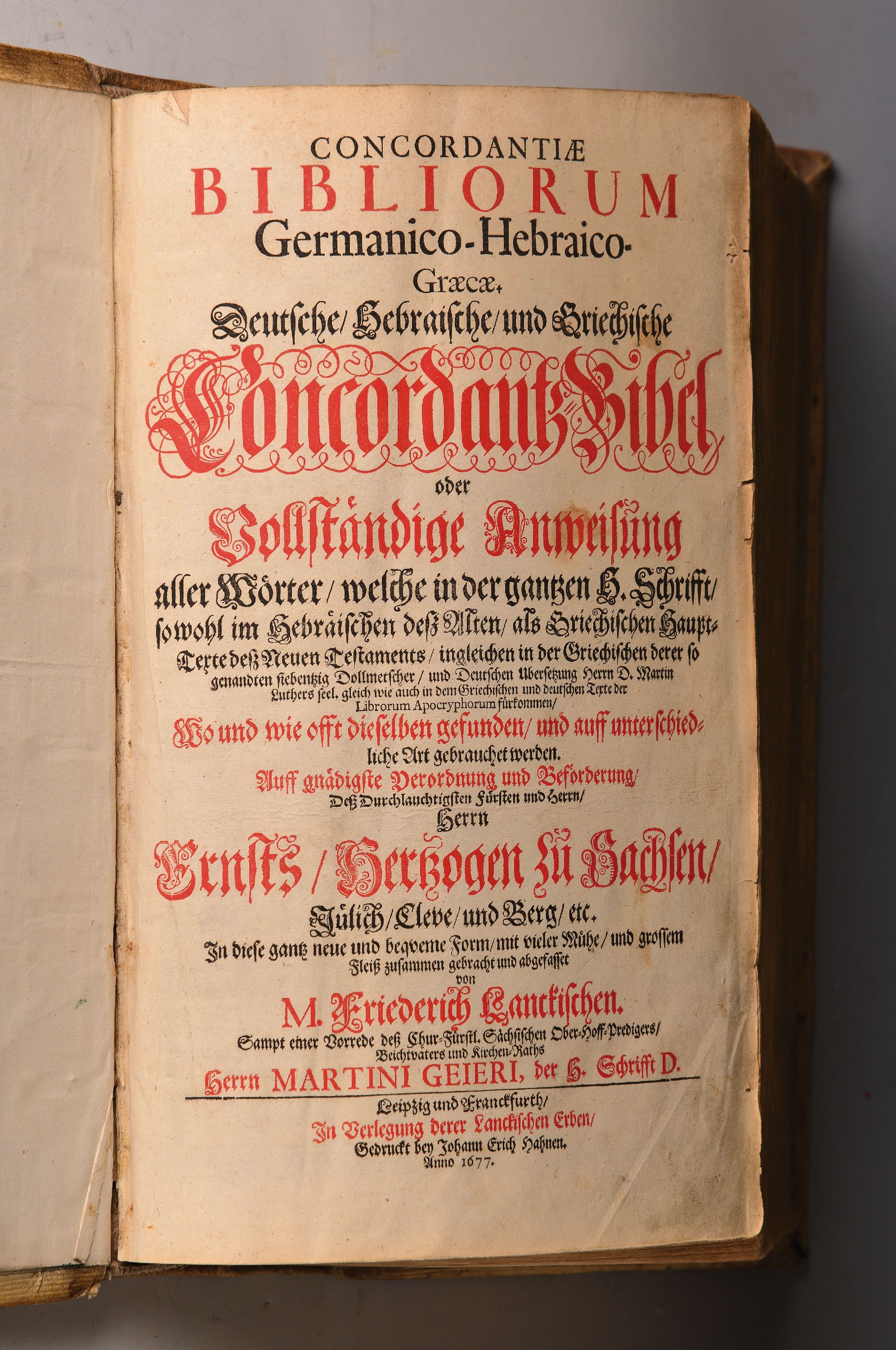 Detail a: Friedrich Lankisch (erwähnt 1617-1630): Deutsche, Hebräische und Griechische Concordantz-Bibel, Leipzig/Frankfurt, Lanckische Erben, 1688, 2°, ...