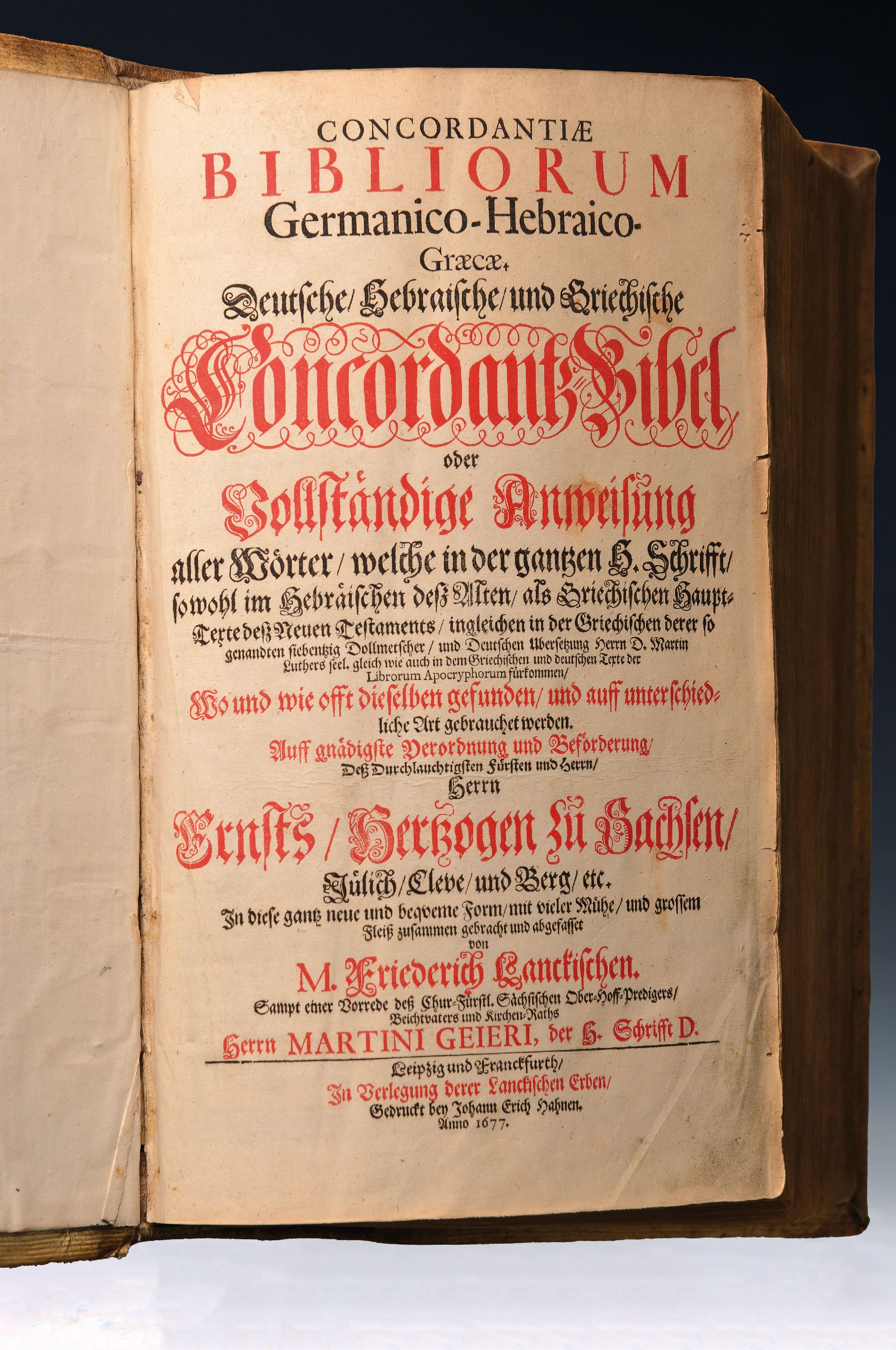 Detail c: Friedrich Lankisch (erwähnt 1617-1630): Deutsche, Hebräische und Griechische Concordantz-Bibel, Leipzig/Frankfurt, Lanckische Erben, 1688, 2°, ...