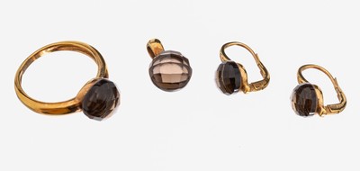 Image 26957429 - 8 kt Gold Rauchquarz-Schmuckset, GG 333/000, best. aus: 1 Ring, RW 57, 1 Paar ...