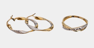 Image 26957544 - 14 kt Gold Schmuckset, GG 585/000, part. rhod., best. aus: 1 Ring, RW 56, und 1 Paar ...