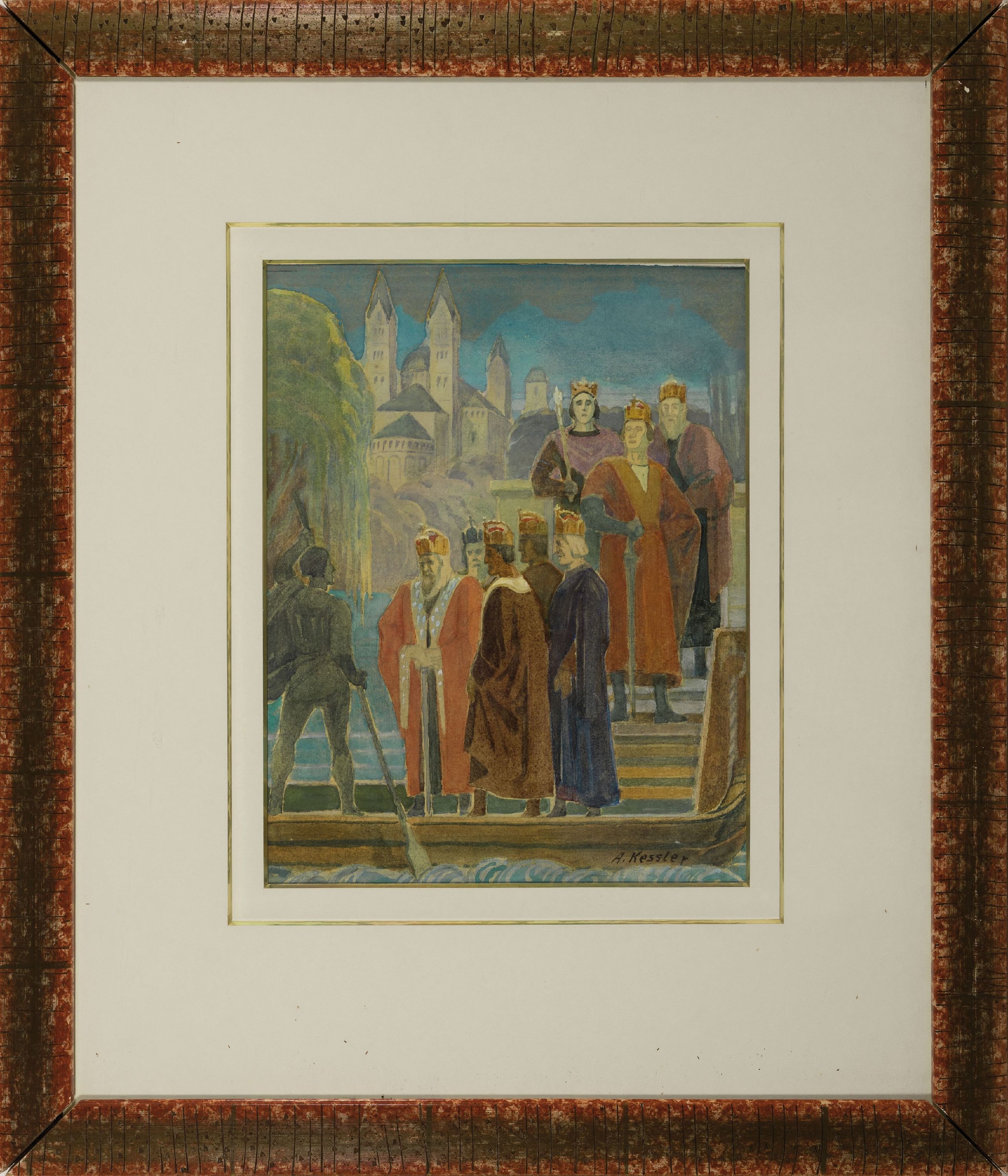 Detail k: Adolf Kessler, 1890 Godramstein - 1974 Landau, "Der Fährmann und die Kaiser", Aquarell, im Vordergrund Salierkönige, im Hintergrund ...