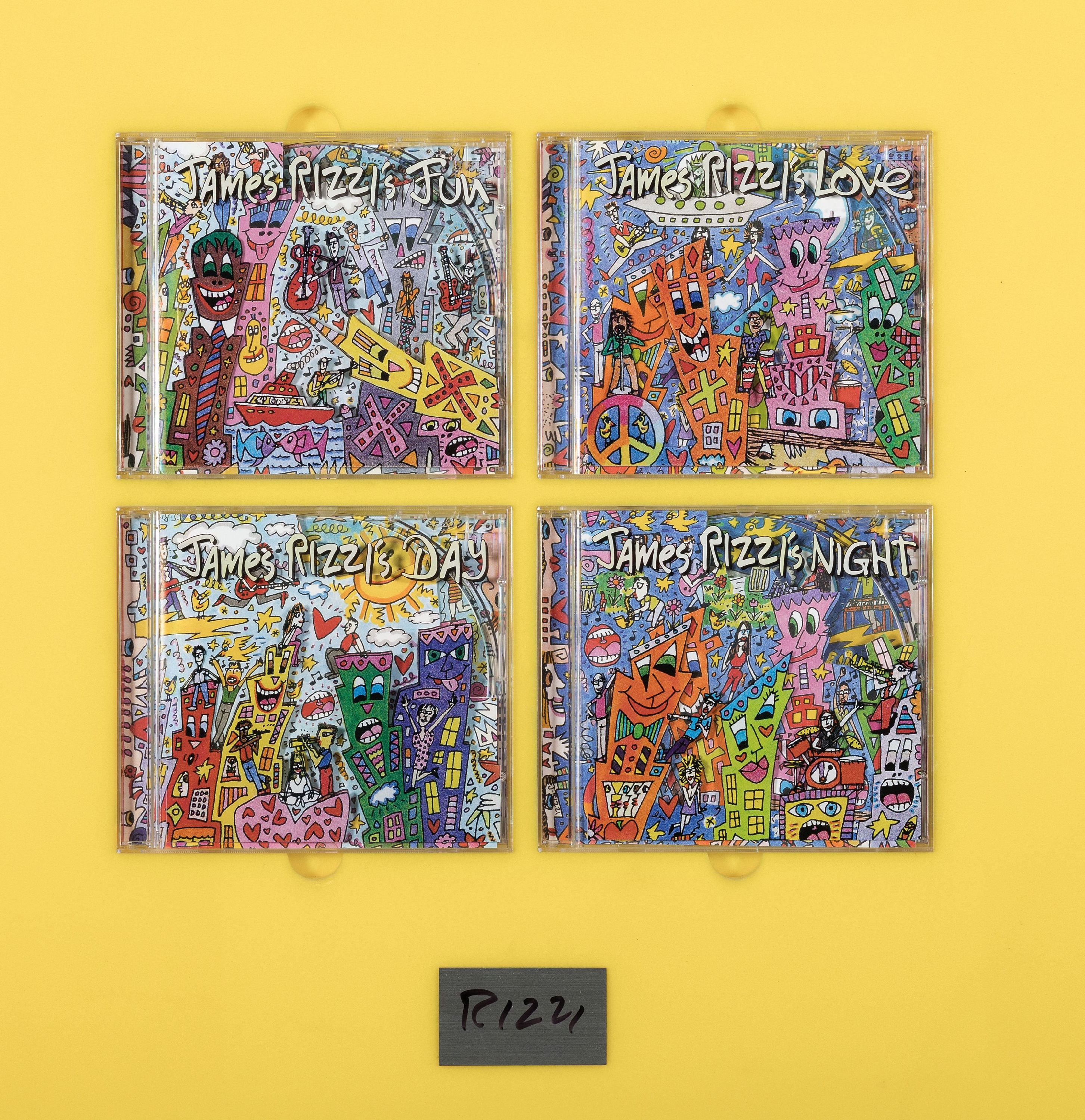James Rizzi, 1950-2011, "Fun Day Love Night", 4 tlg. CD-Set, Plakette handsigniert, in farbigem Rahmen arrangiert, R. 54x54 cm