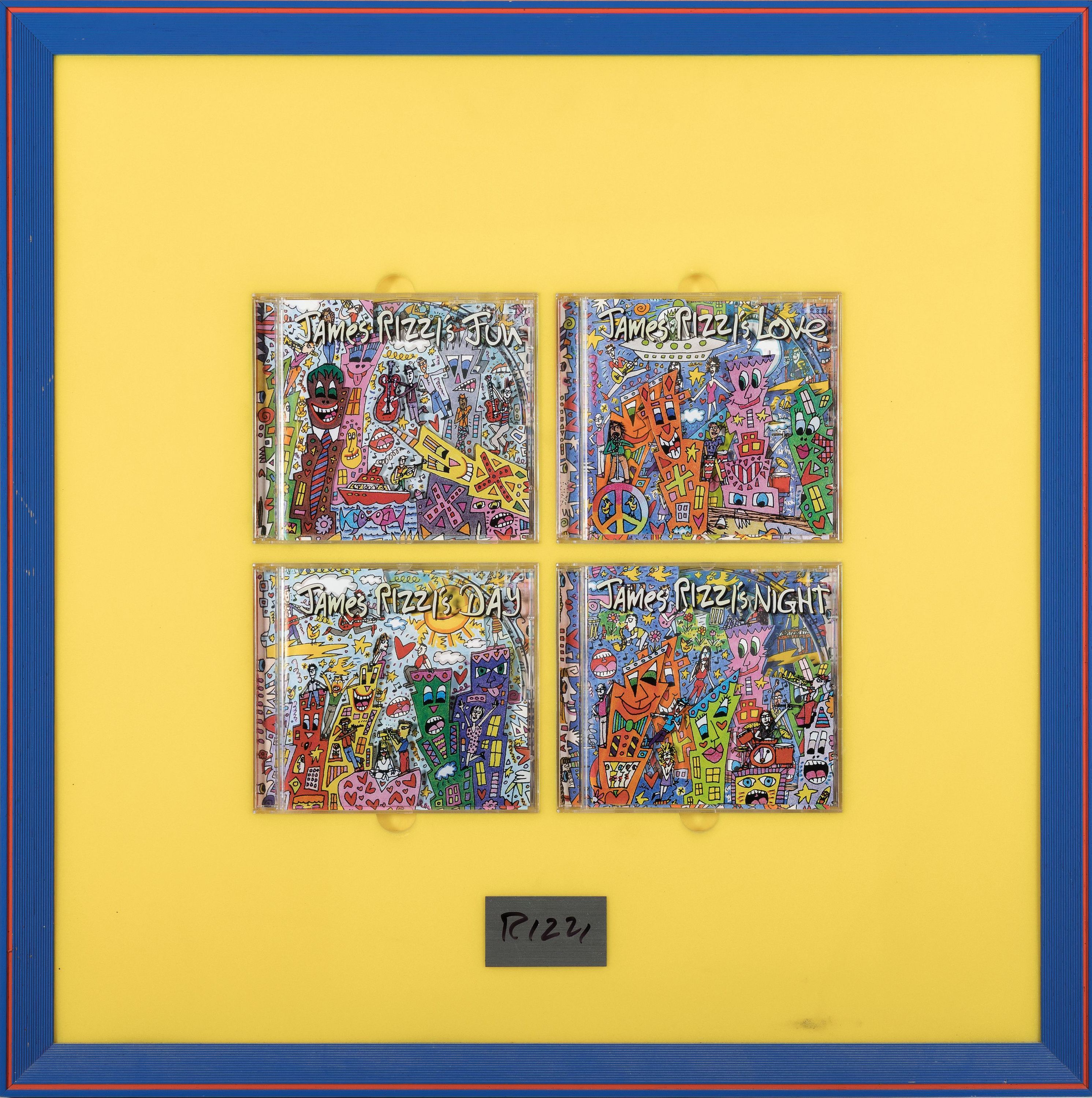 Detail k: James Rizzi, 1950-2011, "Fun Day Love Night", 4 tlg. CD-Set, Plakette handsigniert, in farbigem Rahmen arrangiert, R. 54x54 cm