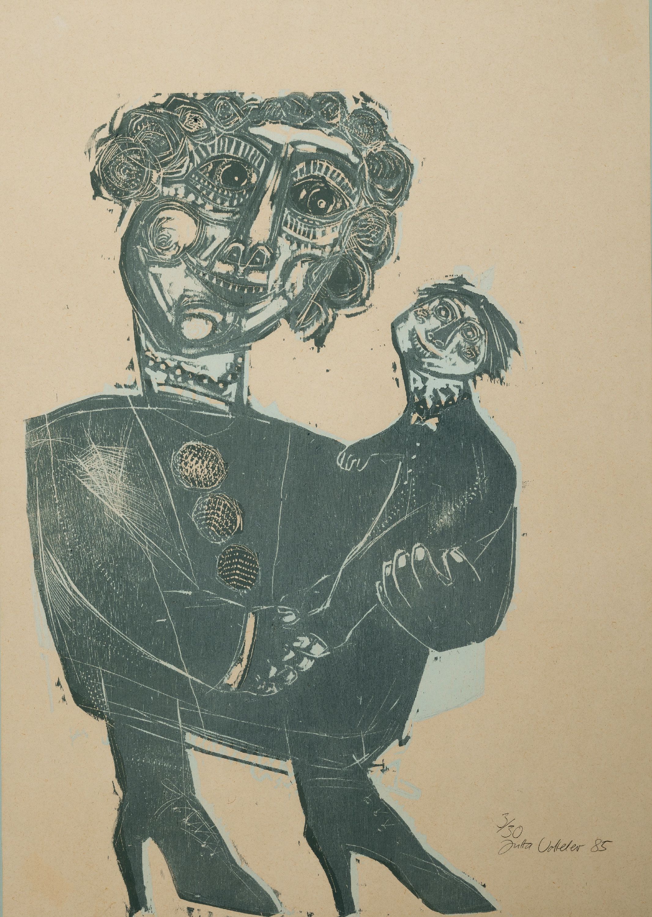 Detail b: Gerhard Hofmann, geb. 1960 Worms, und Jutta Votteler, geb. 1959 Ludwigshafen, 3 Arbeiten: 1x Jutta Votteler, Farbholzschnitt, handsign. und dat. 85, ...