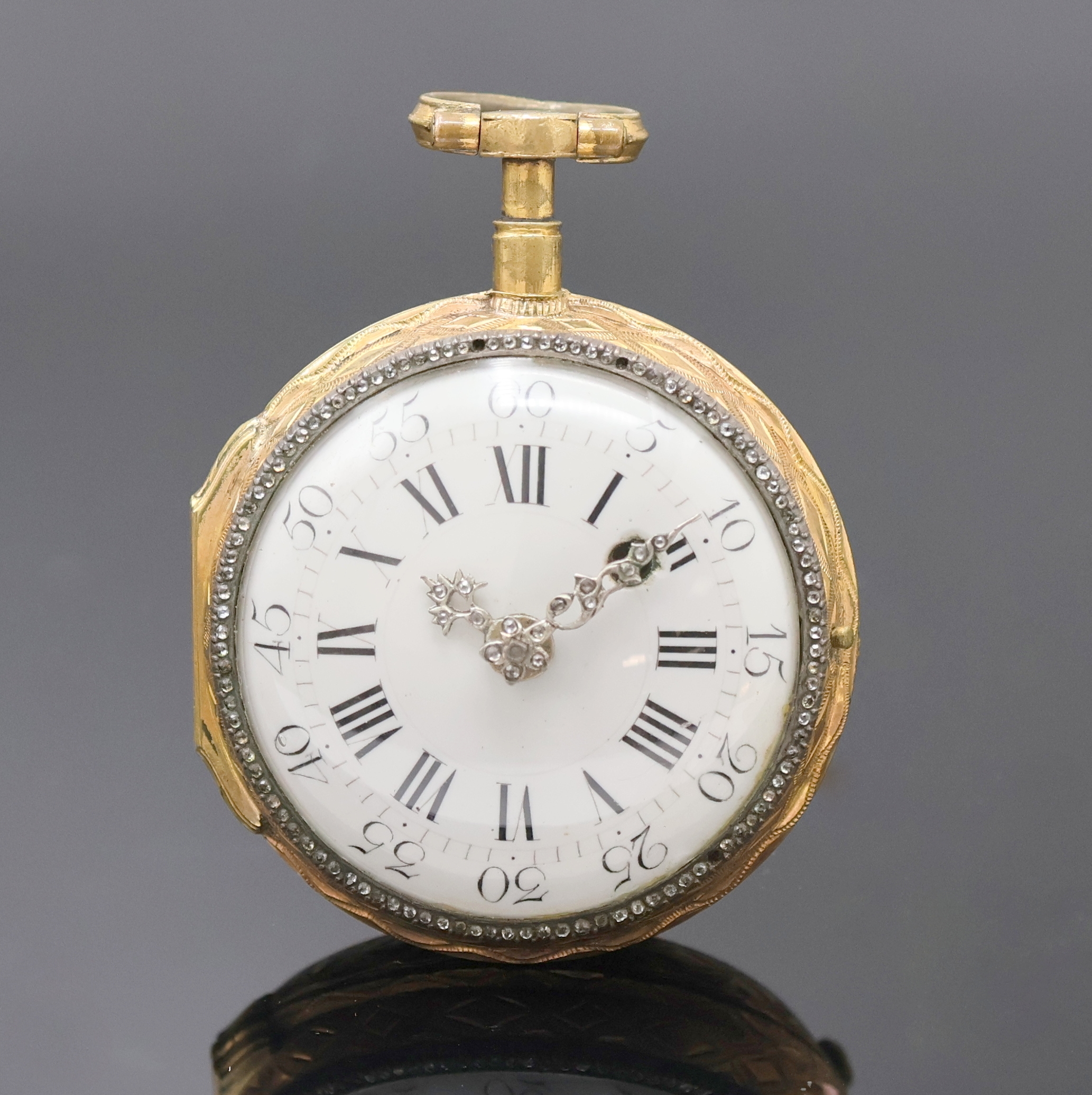 MALLET à Paris Email-Spindeltaschenuhr im vergoldetem Gehäuse, Frankreich um 1770, reich verziertes Geh. m. großem Außenscharnier, rücks. ...