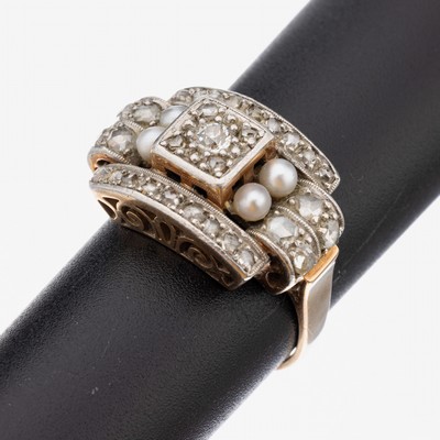 Image 26957747 - 14 kt Gold Diamant-Perl-Ring, um 1940, GG/WG 585/000, Altschliffdiamanten und ...