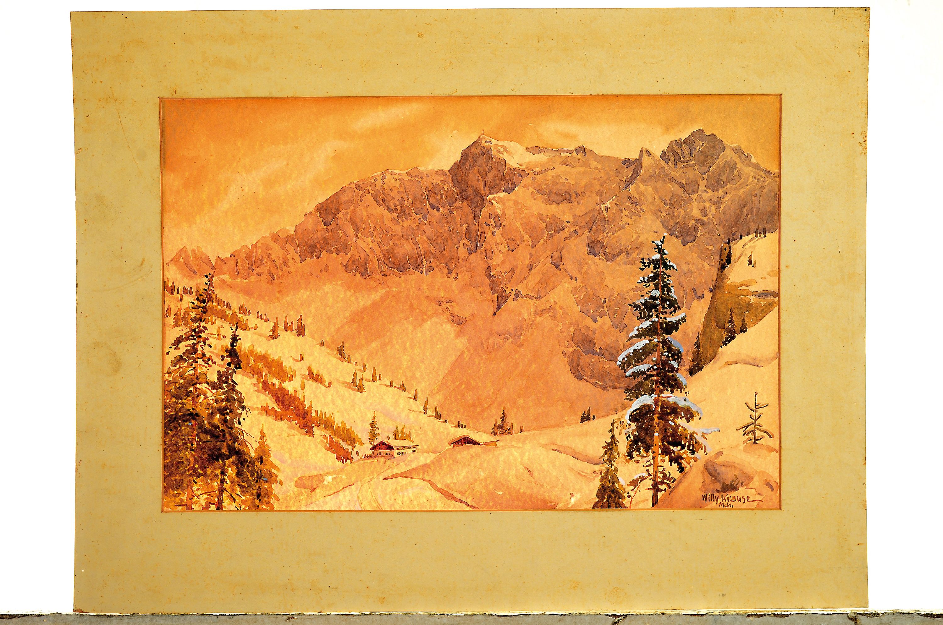 Detail k: Willy Krause, 1875-1925 München, Aquarell, Winterlandschaft, Blick auf die Benedikterwand in den Bayerischen Voralpen, rechts unten signiert, unter ...