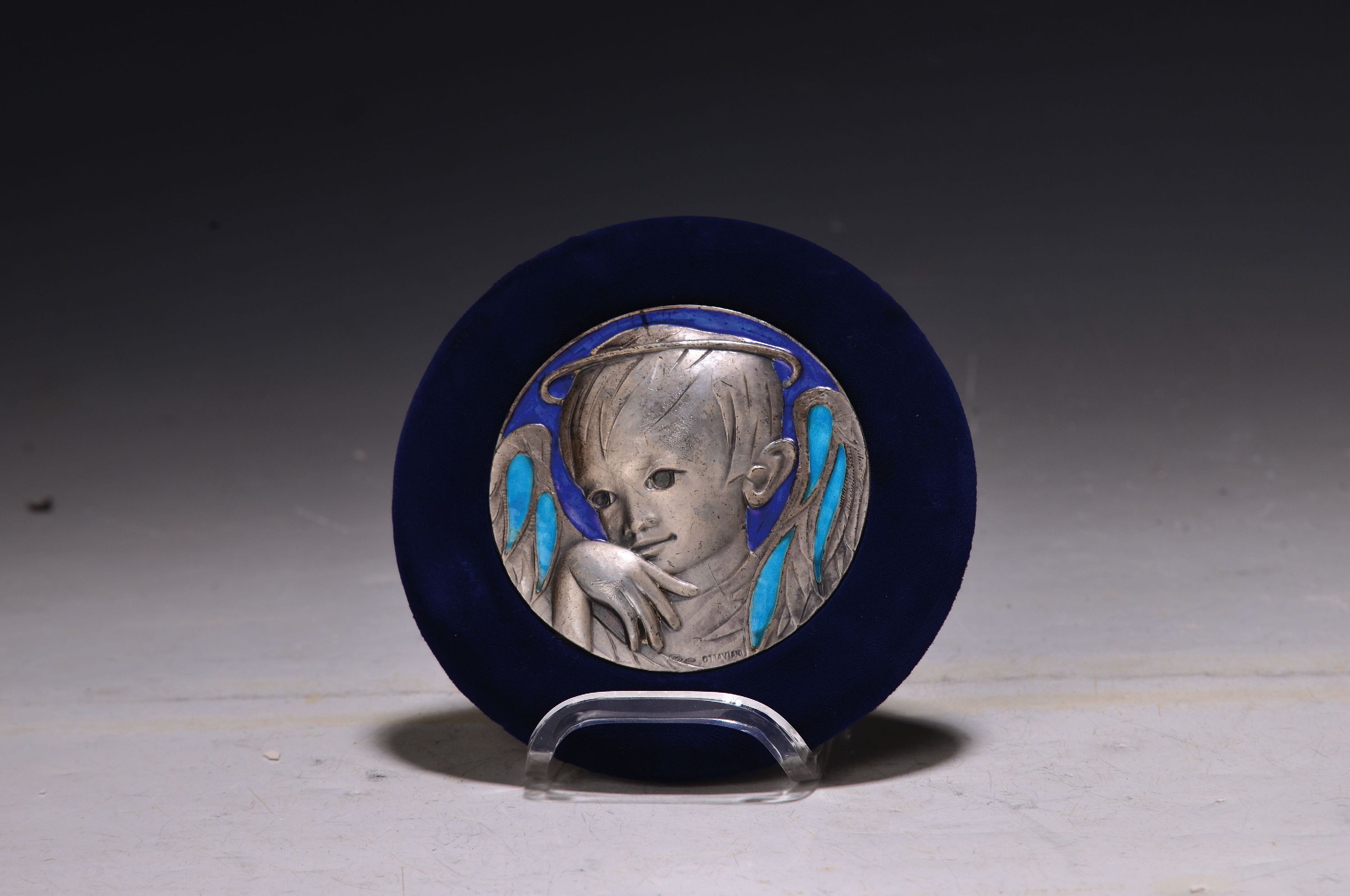 Image 26958272 - Silber-Plakette, Ottaviani, Macerata, Italien, 1960er-Jahre, 950er Silber, blauer und ...