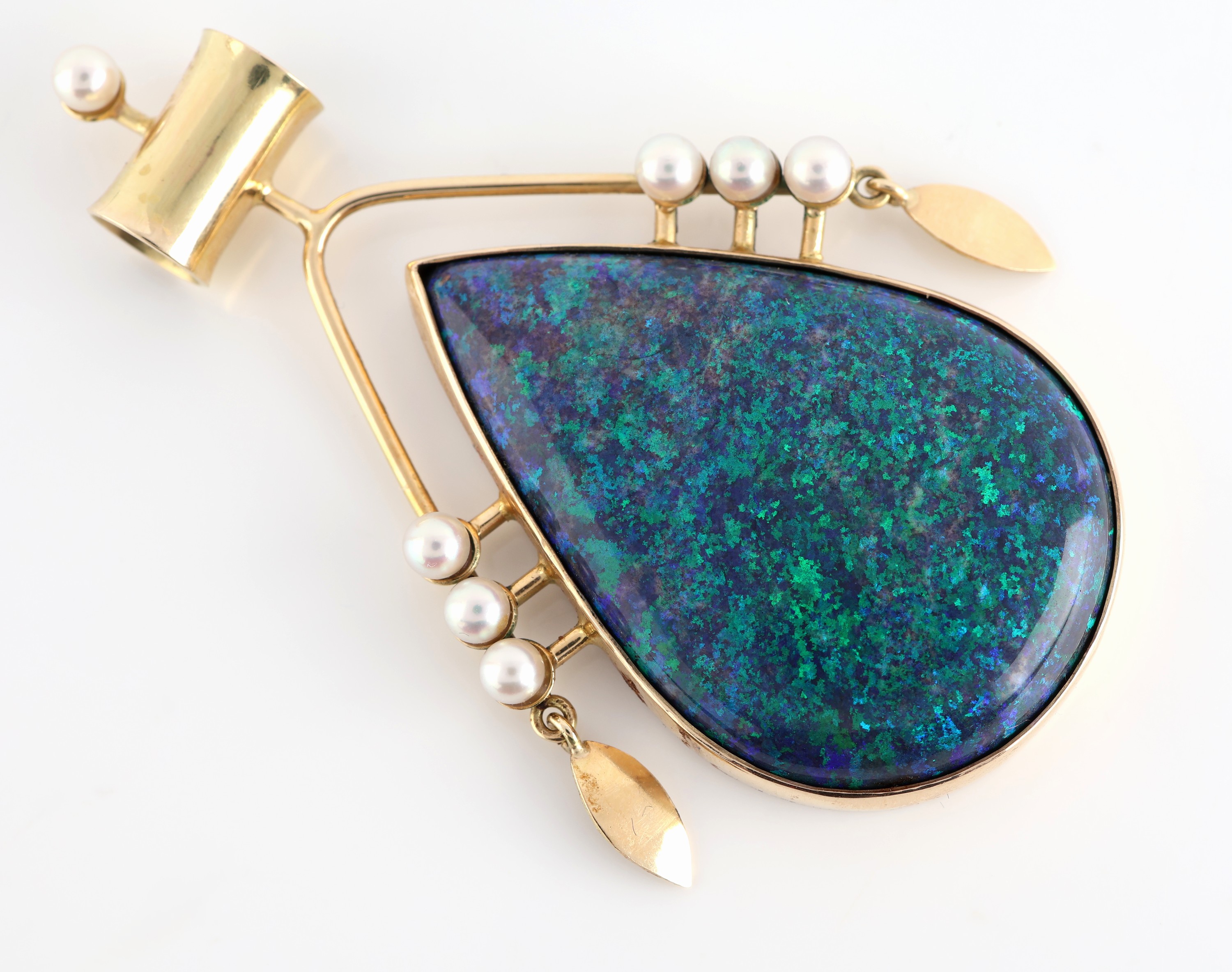 Detail a: 14 kt Gold Opal-Perl-Anhänger, GG 585/000 gepr., außergewöhnliche Gestaltung, gr. tropfenf. Opal-Cabochon mit intensivem Farbspiel in Grün-Blau ...