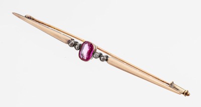 Image 14 kt Gold Diamant-Stabnadel, um 1910-20, GG 585/000 gepr., mittig facett. Rubin- ...