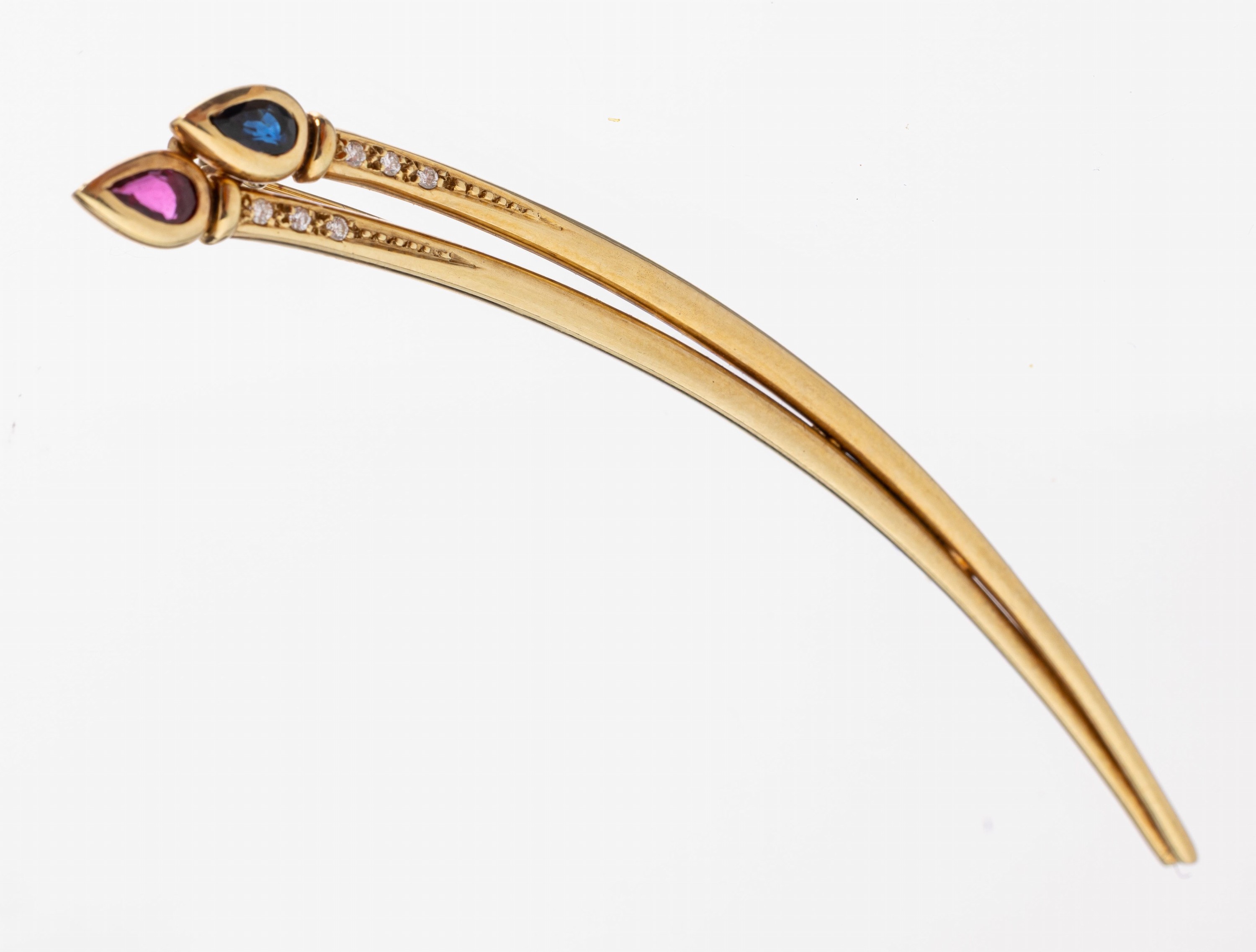 14 kt Gold Farbstein-Brillant-Brosche, GG 585/000, außergewöhnliche Gestaltung, facett. Rubintropfen und facett. Saphirtropfen zus. ca. 0.50 ct, 6 ...