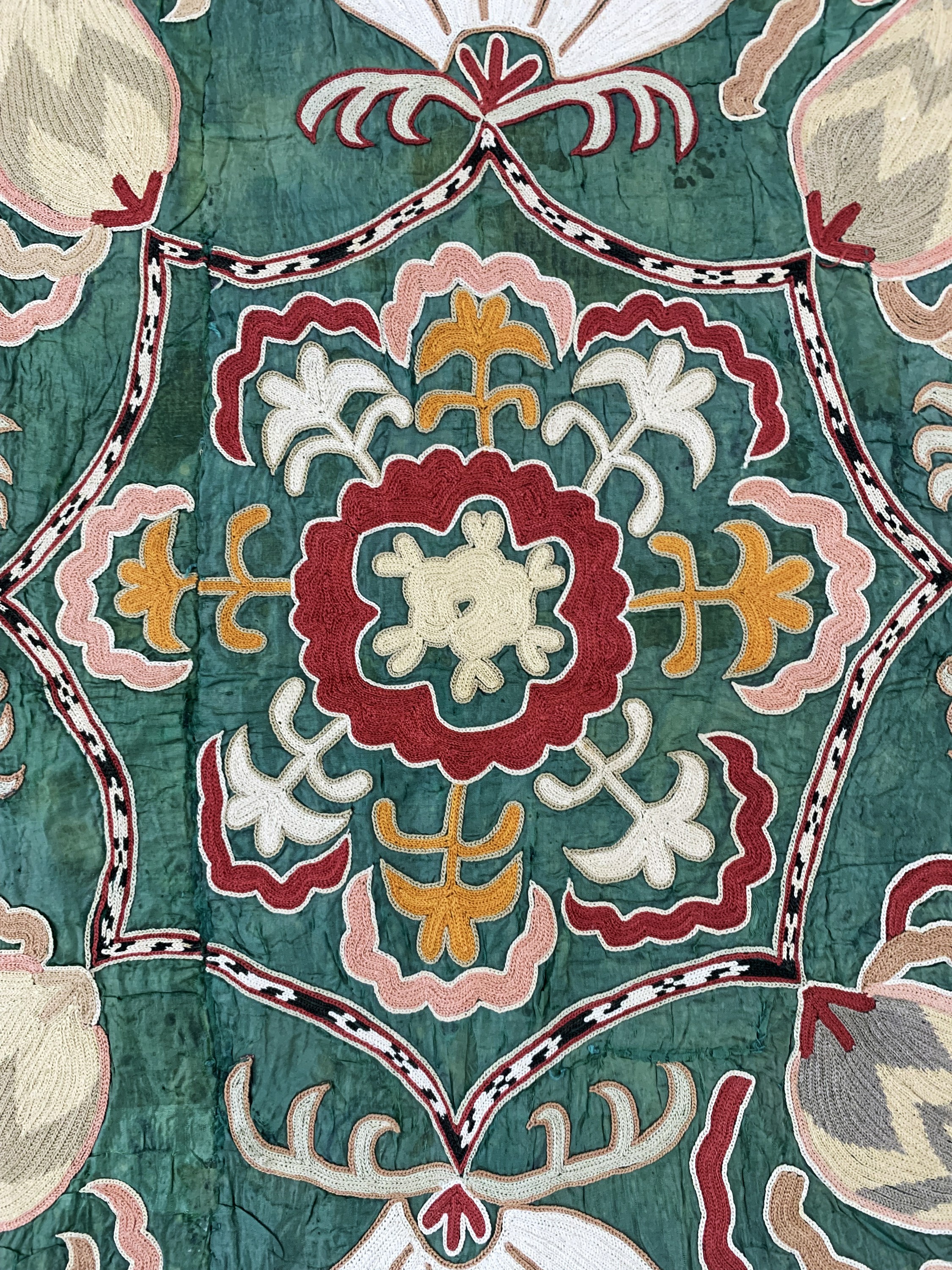 Detail d: Seiden-Susani, Uzbekistan, um 1900, Seidenstickerei, ca. 128 x 105 cm, EHZ: 1-2