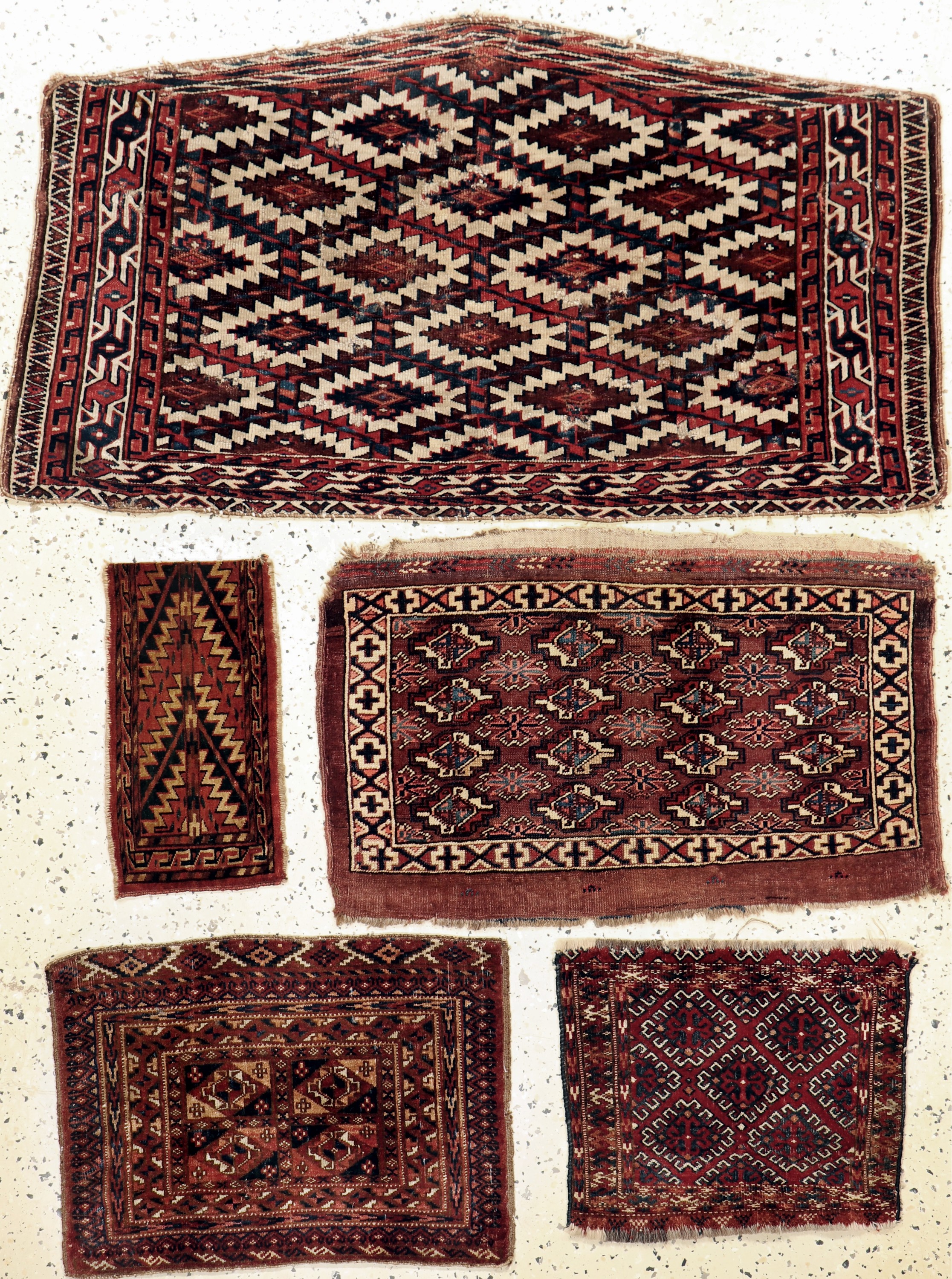 5 Lots antike Turkmenen, Turkmenistan, 19.Jhd, Wolle auf Wolle, Asmalyk, ca. 110 x 62cm, EHZ: 3-4