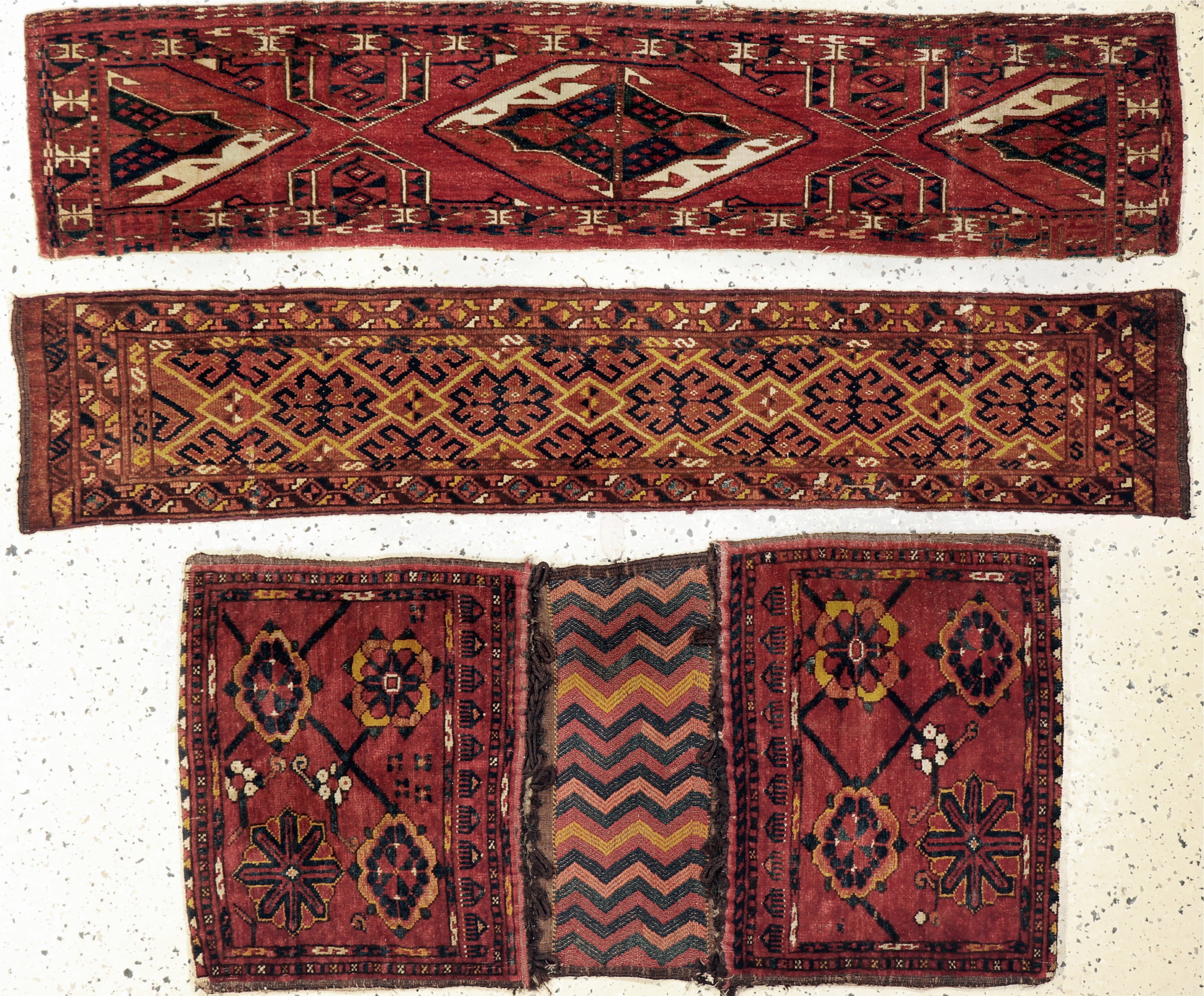 3 Lots Torba & Tasche, Beschir, Turkmenistan, 19.Jhd, Wolle auf Wolle, ca. 146x 29 cm, EHZ: 4