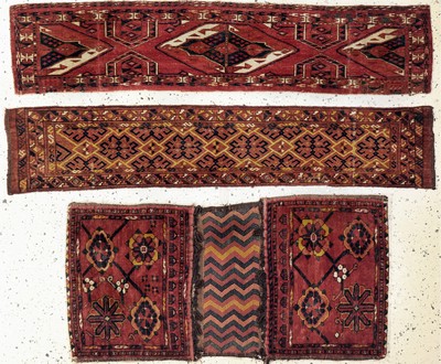 Image 3 Lots Torba & Tasche, Beschir, Turkmenistan, 19.Jhd, Wolle auf Wolle, ca. 146x 29 ...