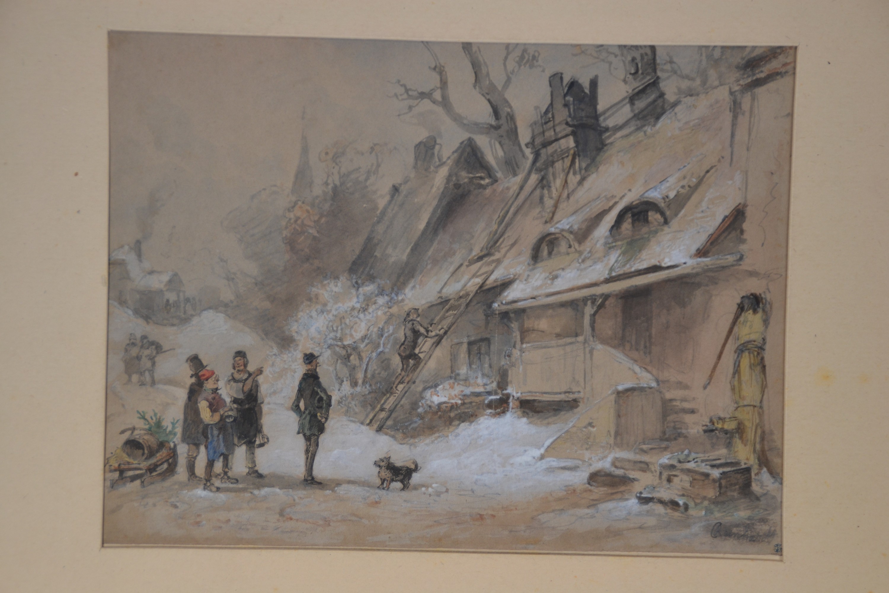Detail a: Carl August Reinhardt, 1818 Leipzig-1877 Kötzschenbroda, aquarellierte Tuschezeichnung, Karikatur, winterliche Dorflandschaft, Figurengruppe beim ...