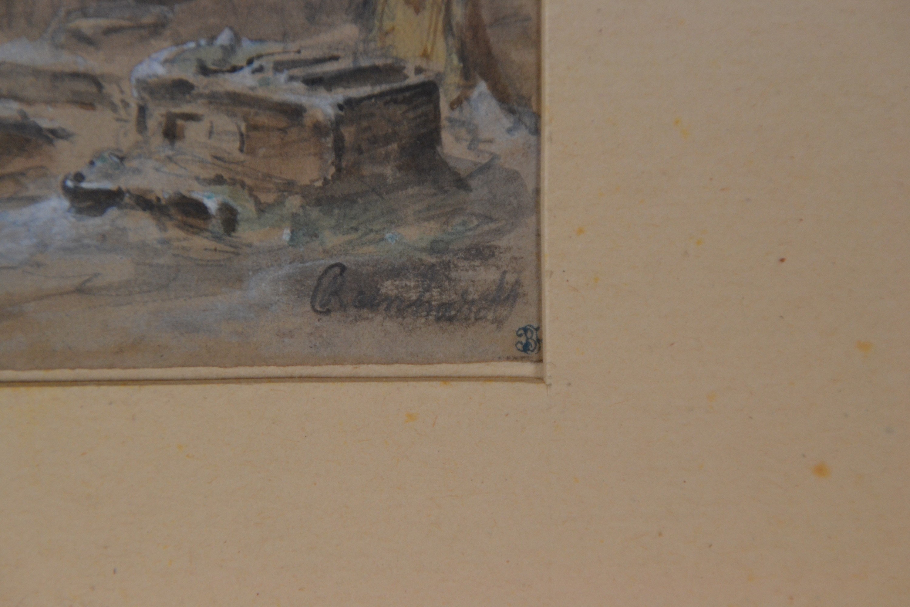 Detail b: Carl August Reinhardt, 1818 Leipzig-1877 Kötzschenbroda, aquarellierte Tuschezeichnung, Karikatur, winterliche Dorflandschaft, Figurengruppe beim ...