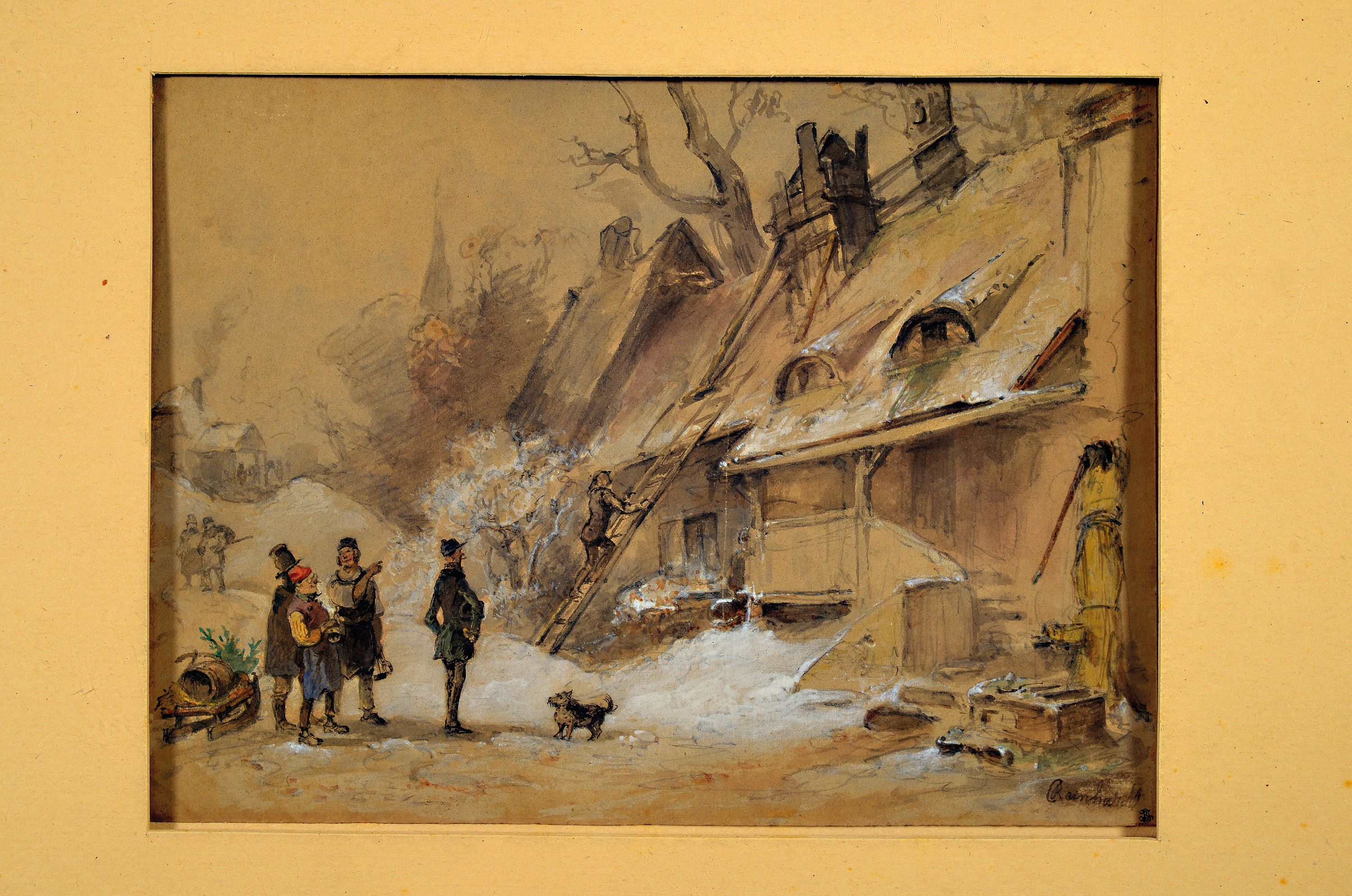 Detail k: Carl August Reinhardt, 1818 Leipzig-1877 Kötzschenbroda, aquarellierte Tuschezeichnung, Karikatur, winterliche Dorflandschaft, Figurengruppe beim ...