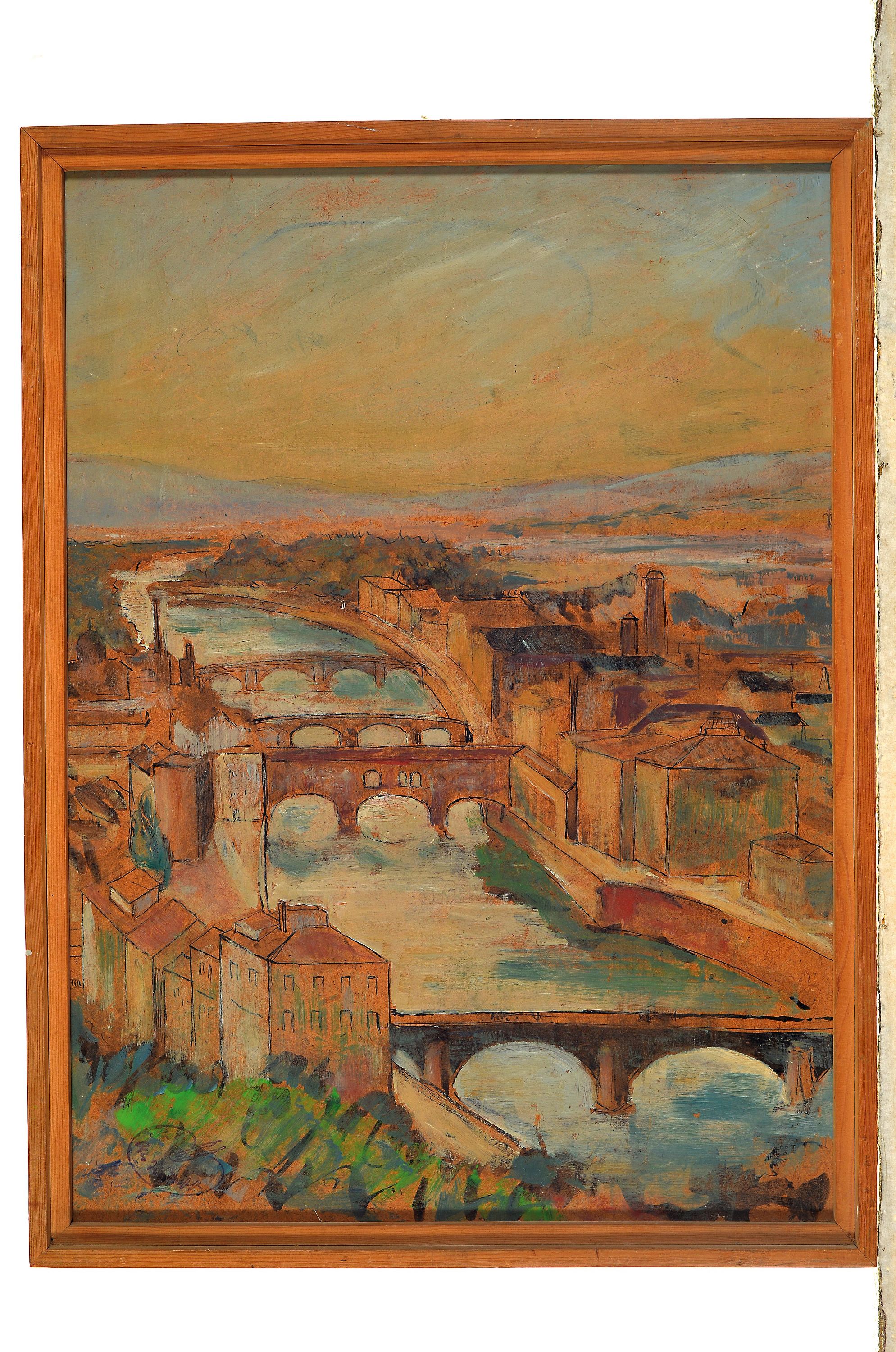 Detail m: Otto Hodapp, 1894 Heidelberg-1968 Ludwigshafen, 2 Stadtansichten, Öl/Hartfaser, eines sign., eines mit Nachlaßstempel, ca. 55x40cm bzw. 47x41cm, R.