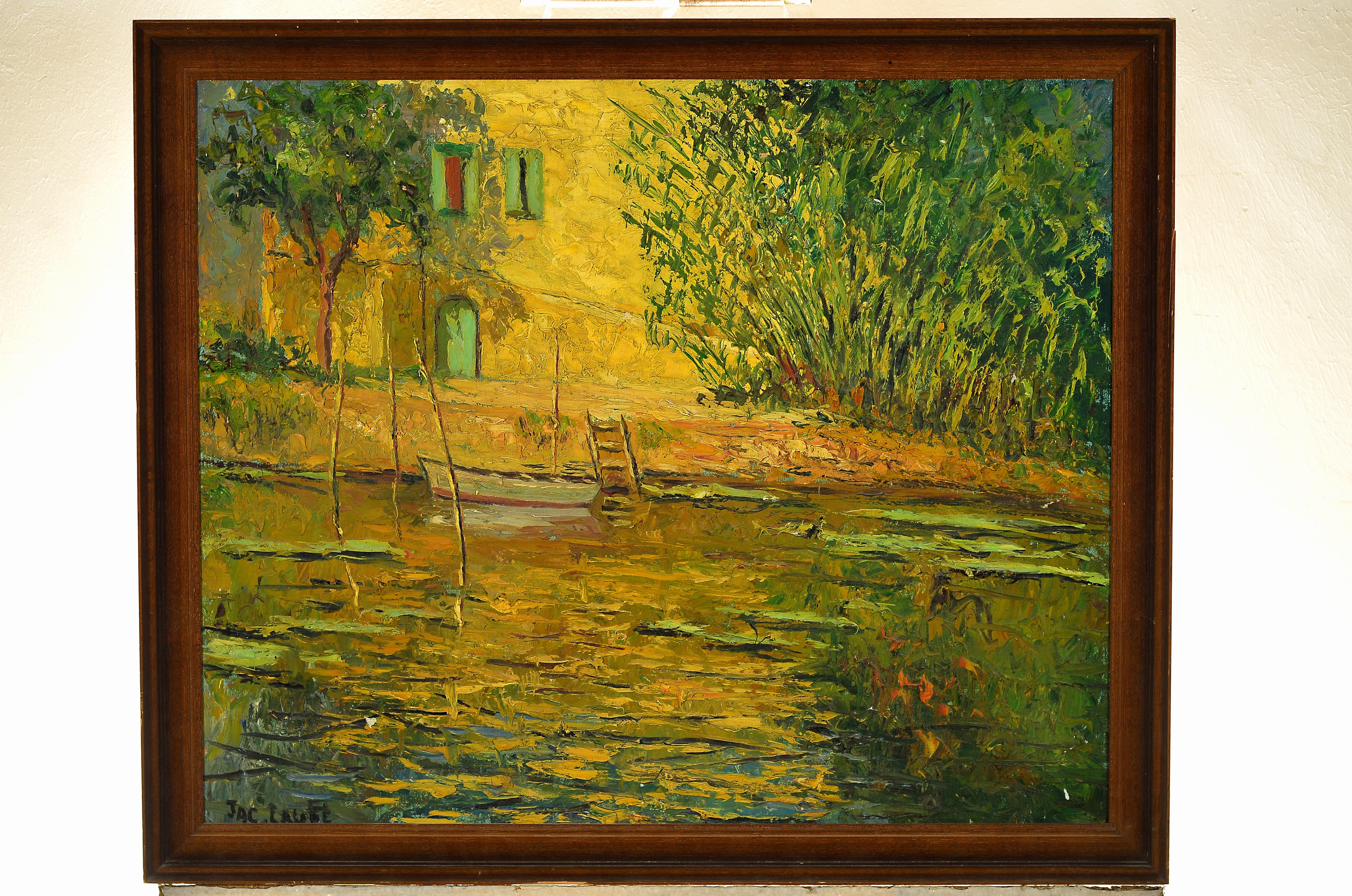 Jac Laubé, frz. Künstler des frühen 20. Jh., impressionistische Ansicht eines Gebäudes am Wasser mit den Spiegelungen, Öl/Lwd, pastoser ...