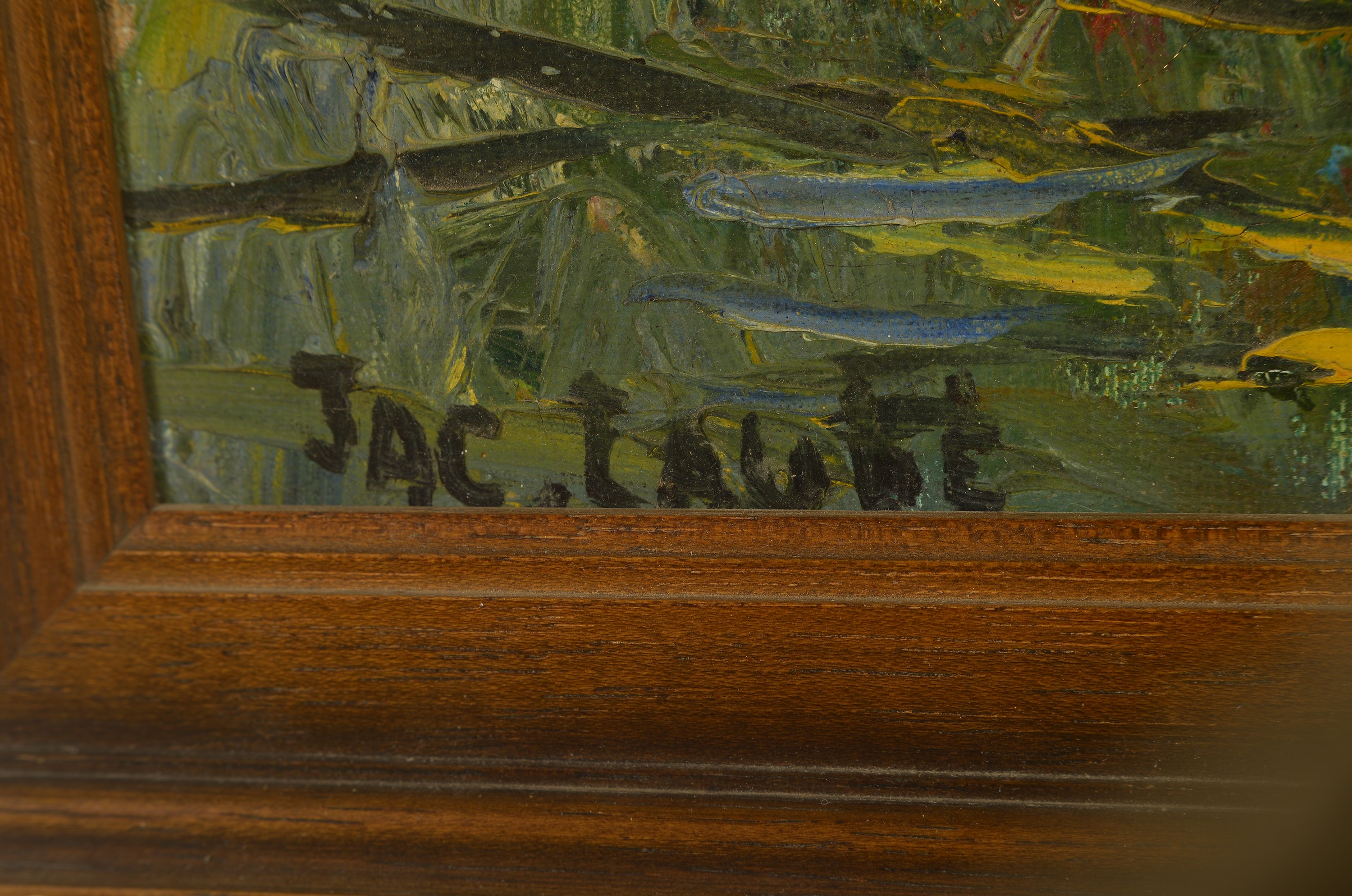Detail a: Jac Laubé, frz. Künstler des frühen 20. Jh., impressionistische Ansicht eines Gebäudes am Wasser mit den Spiegelungen, Öl/Lwd, pastoser ...