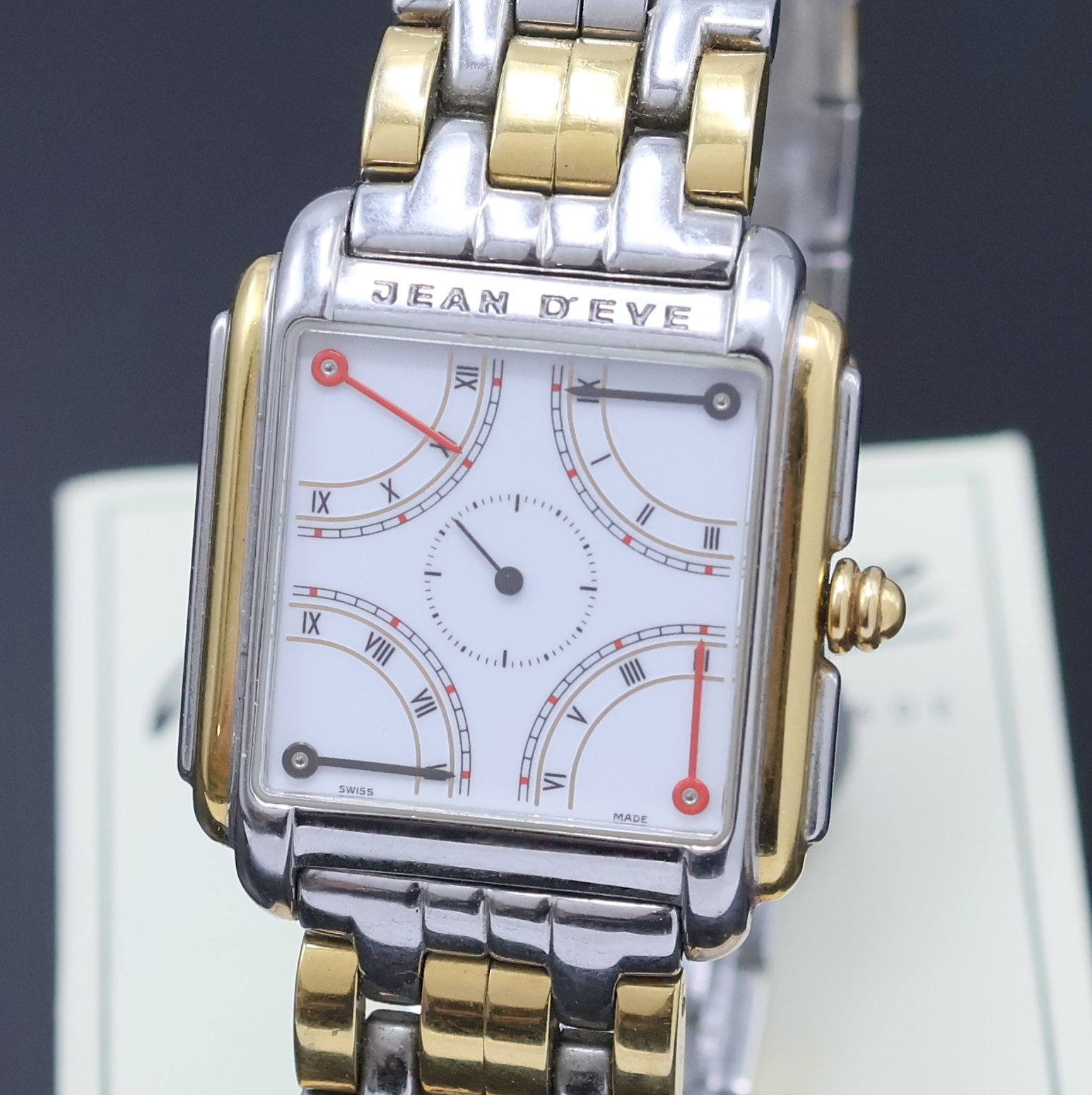 Detail a: JEAN D'EVE Collection Quarta Armbanduhr Referenz 09.24.65, Schweiz um 1990, quarz, Boden 4-fach verschr., Saphirgl., weißes Zifferbl., 4 ...