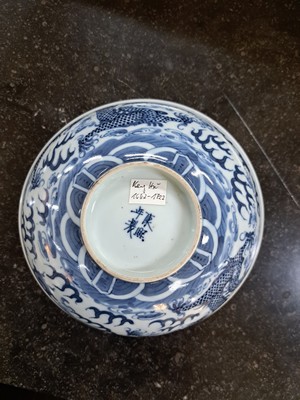 26958915a - bowl, China, after Kang Xi-model, 19th c., blue under glaze painting, wall with two ...