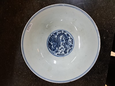 26958915b - bowl, China, after Kang Xi-model, 19th c., blue under glaze painting, wall with two ...