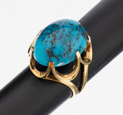 Image 26958970 - 14 kt Gold Türkis-Ring, GG 585/000, hoher Ringkopf, ovaler Türkis-Cabochon, ...