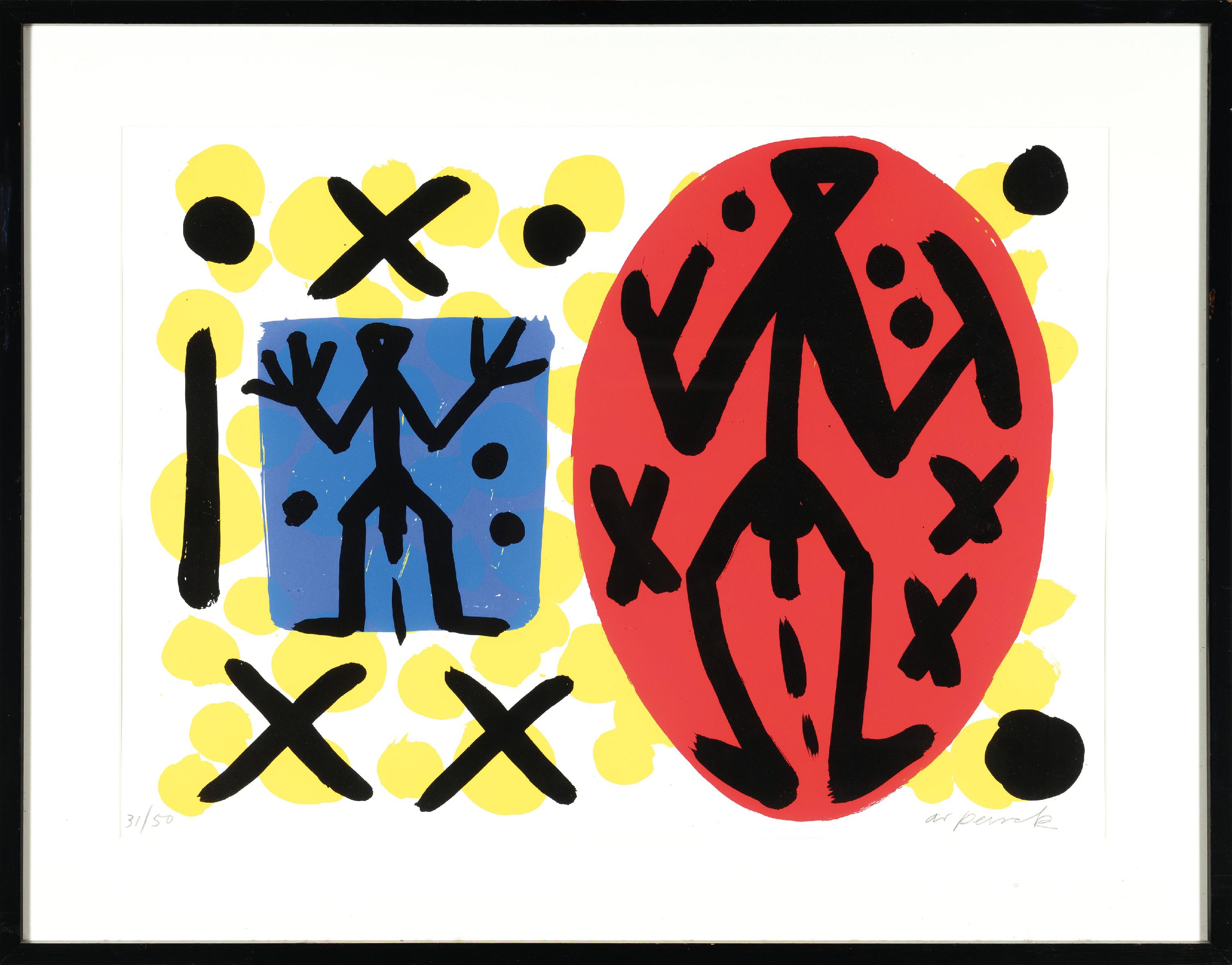Detail k: A.R. Penck, 1939 - 2017, Lustgarten, Farbsiebdruck von 1993, handsigniert und num. 31/50, ca. 54 x 76.5 cm, PP., unter Glas, Rahmen ca. 72 x 92 cm