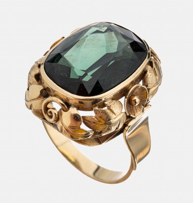 Image 26959675 - 14 kt Gold Farbstein-Ring, deutsch, 1940er Jahre, GG 585/000, mittig facett. synth. ...
