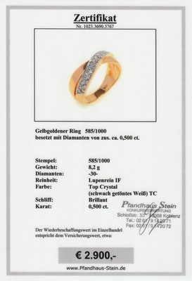 26959682a - 14 kt Gold Brillant-Ring, GG 585/000, gekreuzte Ringschiene, 30 Brillanten zus. ca. ...