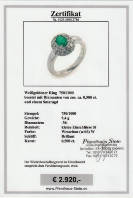 26959683a - 18 kt Gold Smaragd-Brillant-Ring, WG 750/000, mittig ovalfacett. Smaragd ca. 0.70 ct, ...