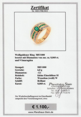 26959684a - 14 kt Gold Smaragd-Diamant-Ring, GG/WG 585/000, 9 facett. Smaragde zus. ca. 0.50 ct, 12 ...