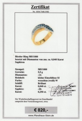 26959686a - 14 kt Gold Saphir-Diamant-Ring, GG/WG 585/000, gekreuzte Ringschiene, 20 ...