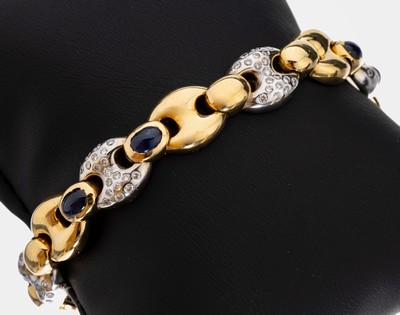 Image 18 kt Gold Saphir-Brillant-Armband, GG/WG 750/000, ovale Glieder, 6 Saphir-Cabochons ...
