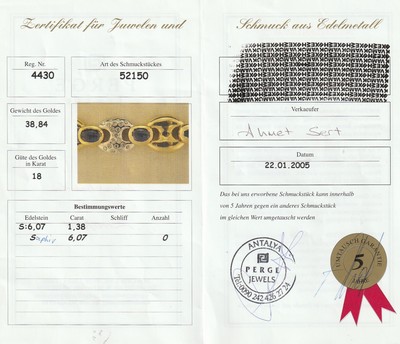 26959690a - 18 kt Gold Saphir-Brillant-Armband, GG/WG 750/000, ovale Glieder, 6 Saphir-Cabochons ...