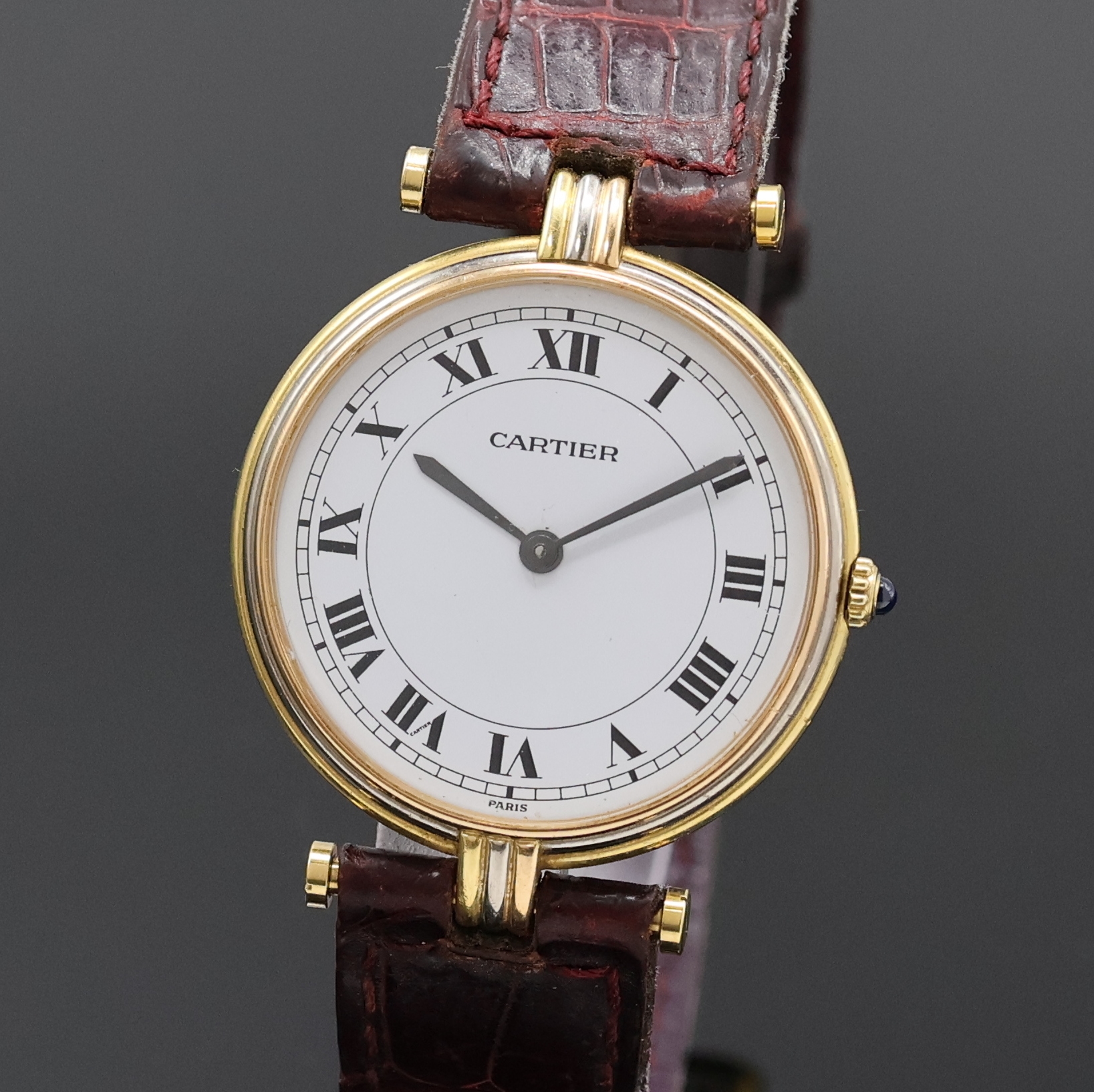 Detail a: CARTIER Vendome Trinity Armbanduhr in GG/RG/WG 750/000, Schweiz um 1995, quarz, Boden 2- fach verschr., Schmuckkrone, neutr. Lederband m. orig. ...