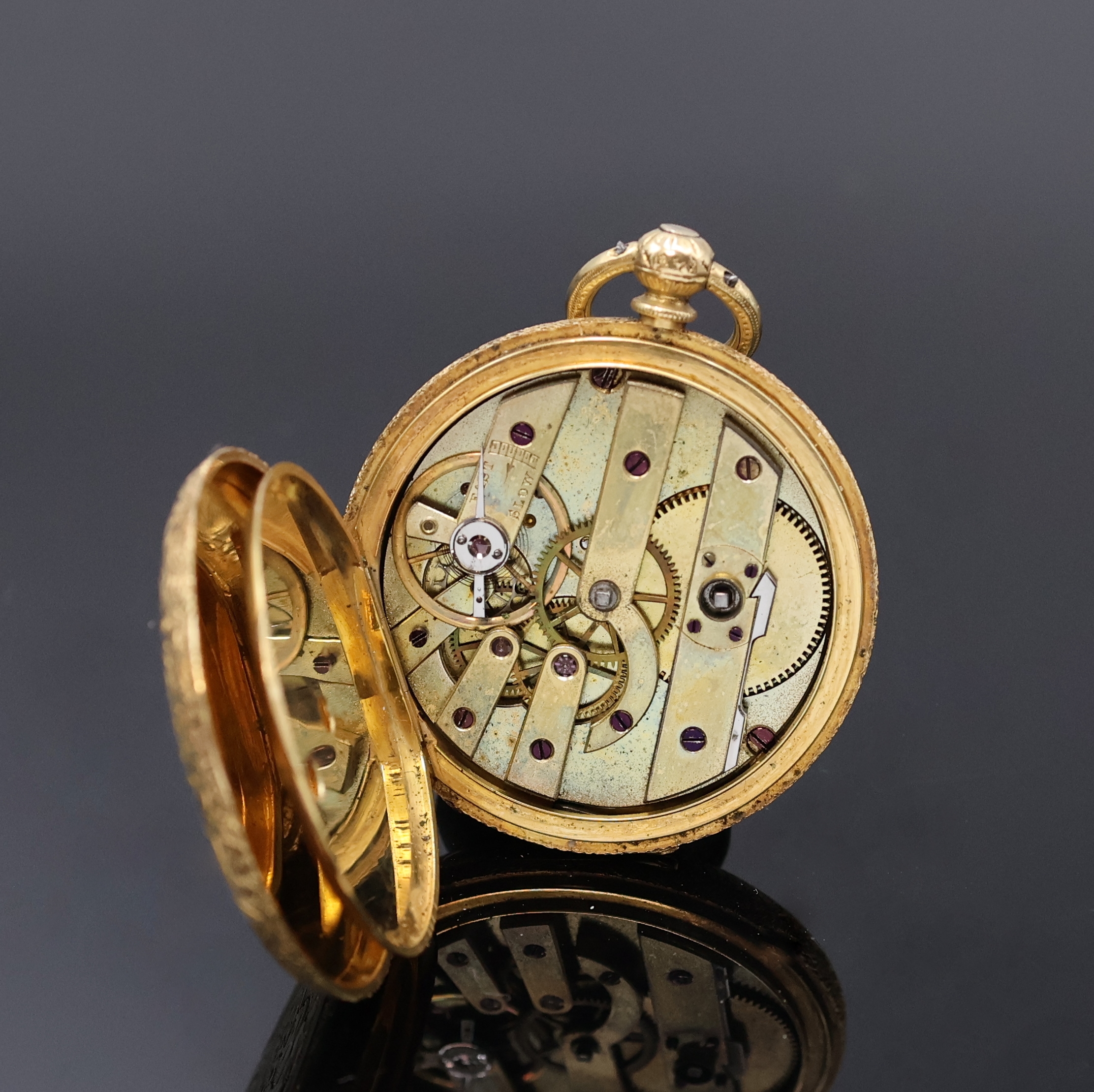 Detail g: JAMES GENT LONDON kleine Savonette in GG 750/000, Schweiz um 1880, Schlüsselaufzug, sehr fein, komplett floral grav. 3-Deckel Goldgeh., ...
