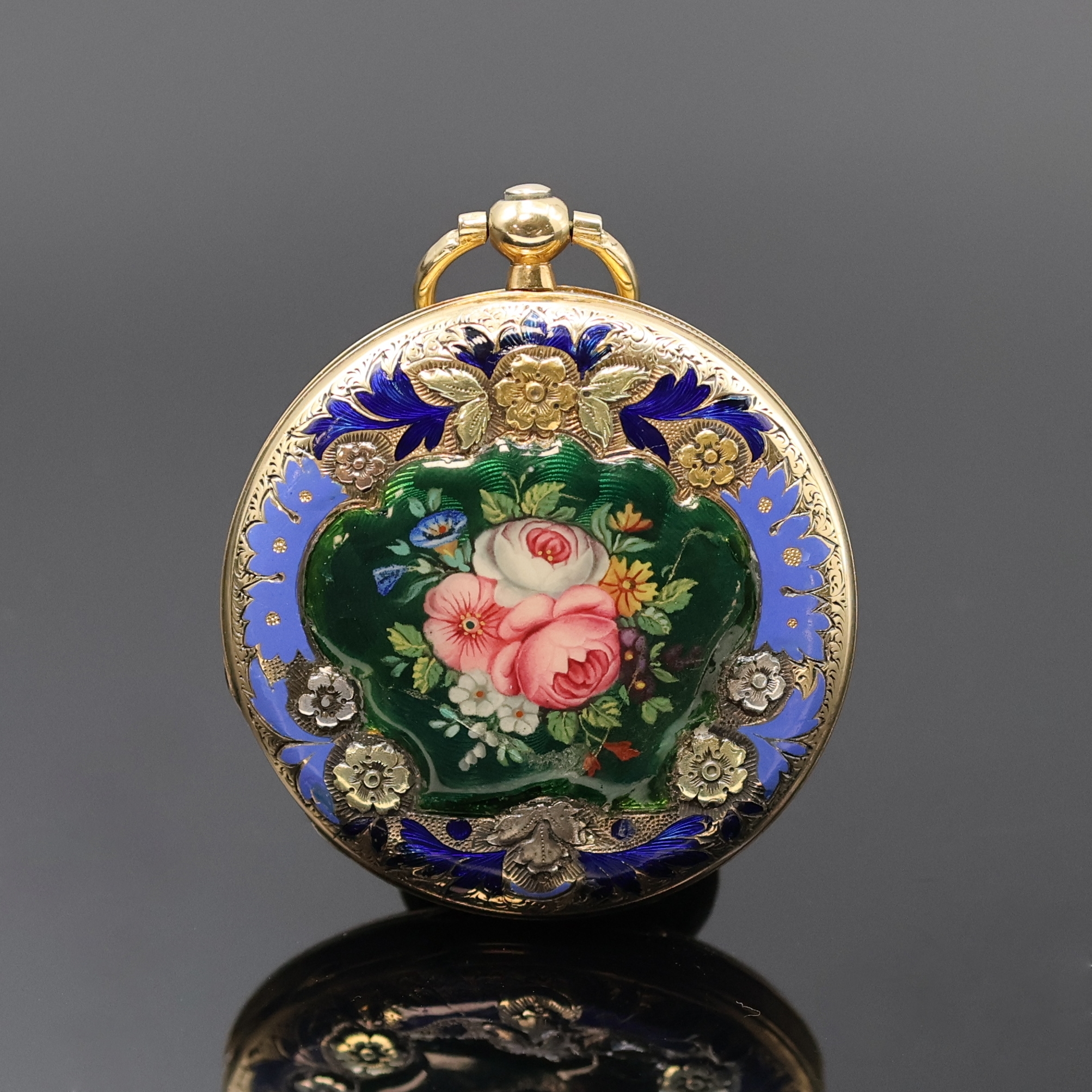 Detail a: BOLVILLER Paris kleine Savonette mit emailliertem Gehäuse in GG 750/000, Schweiz/Frankreich um 1880, Schlüsselaufzug, 3-Deckel Goldgeh., florale ...