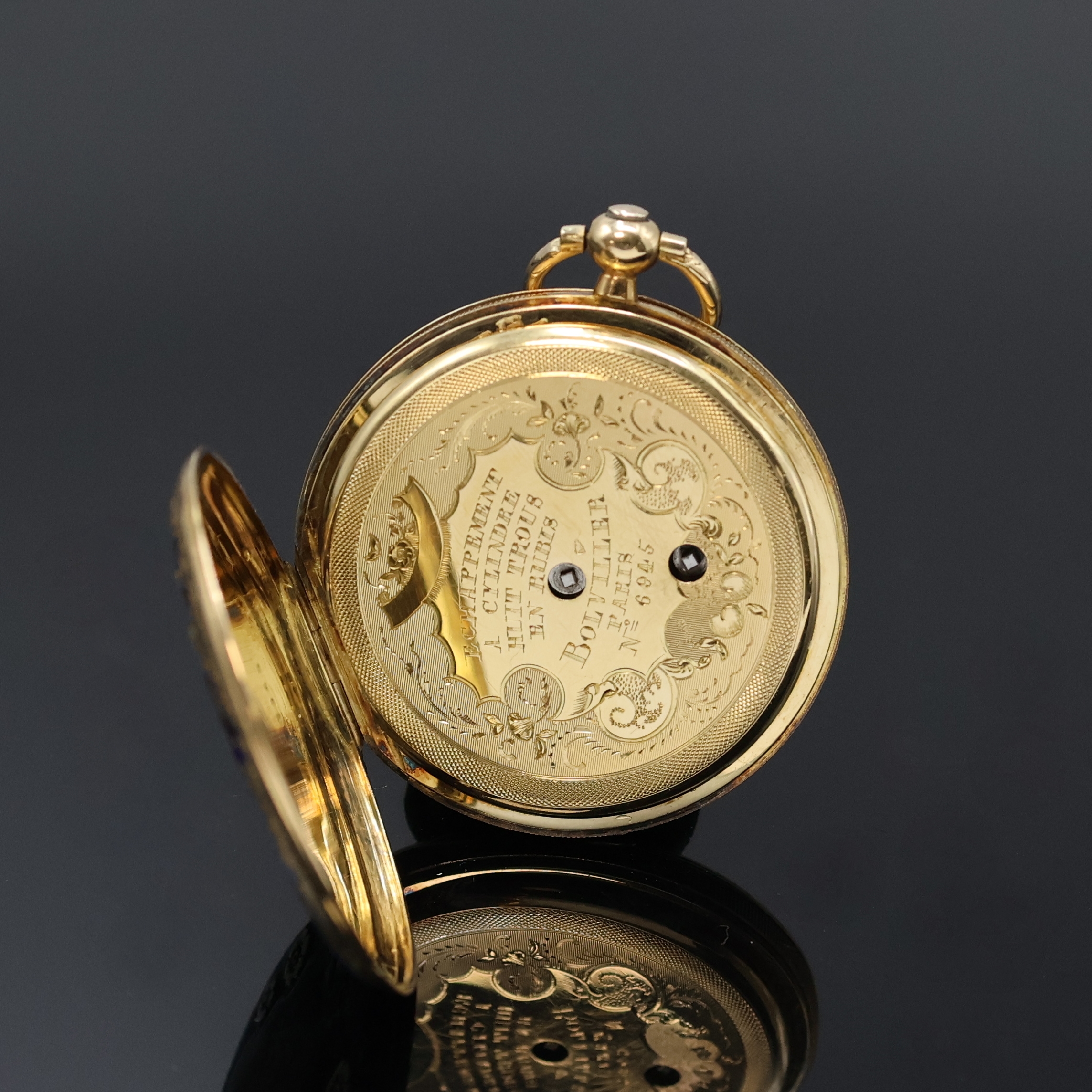 Detail e: BOLVILLER Paris kleine Savonette mit emailliertem Gehäuse in GG 750/000, Schweiz/Frankreich um 1880, Schlüsselaufzug, 3-Deckel Goldgeh., florale ...