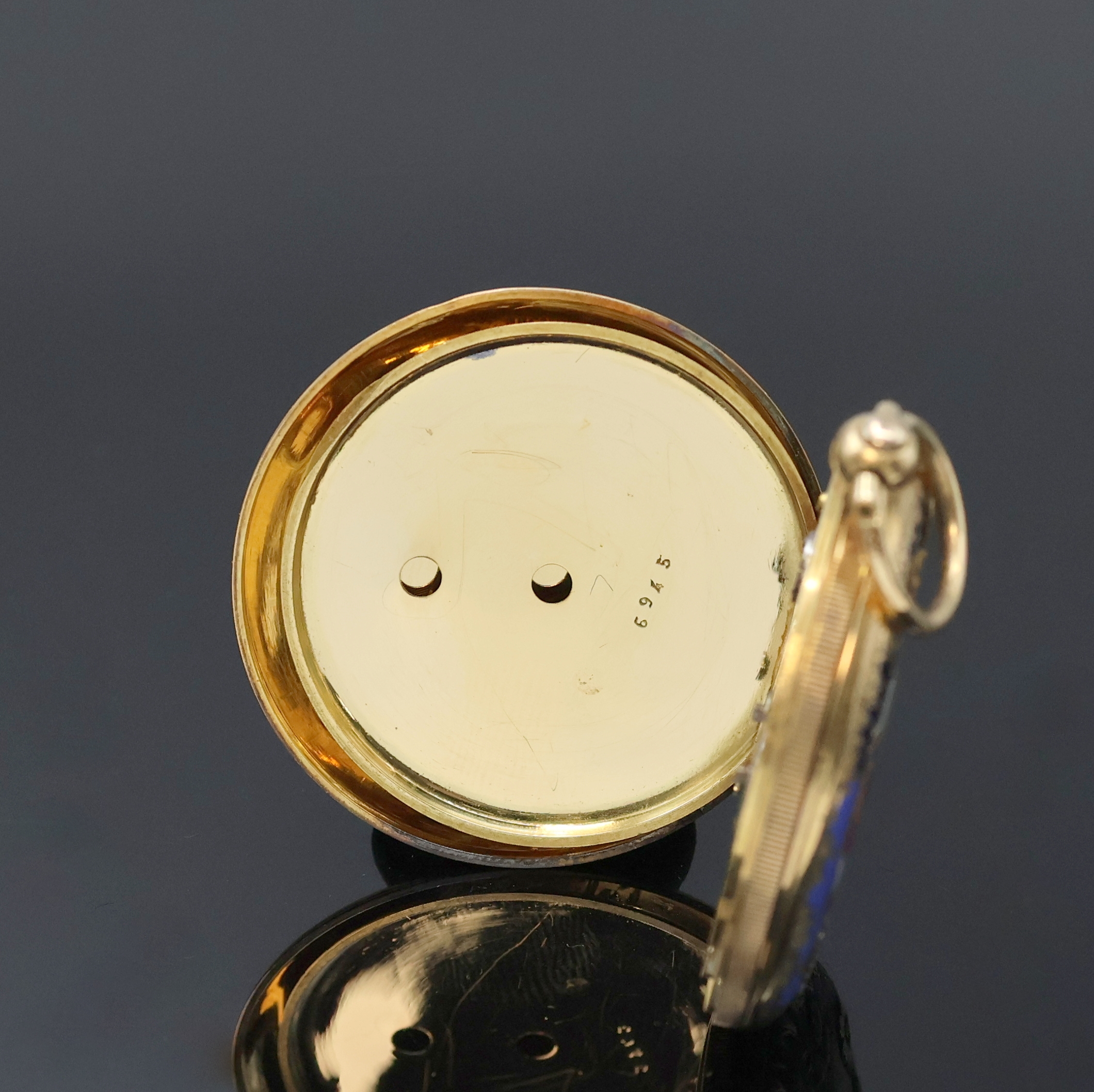 Detail f: BOLVILLER Paris kleine Savonette mit emailliertem Gehäuse in GG 750/000, Schweiz/Frankreich um 1880, Schlüsselaufzug, 3-Deckel Goldgeh., florale ...