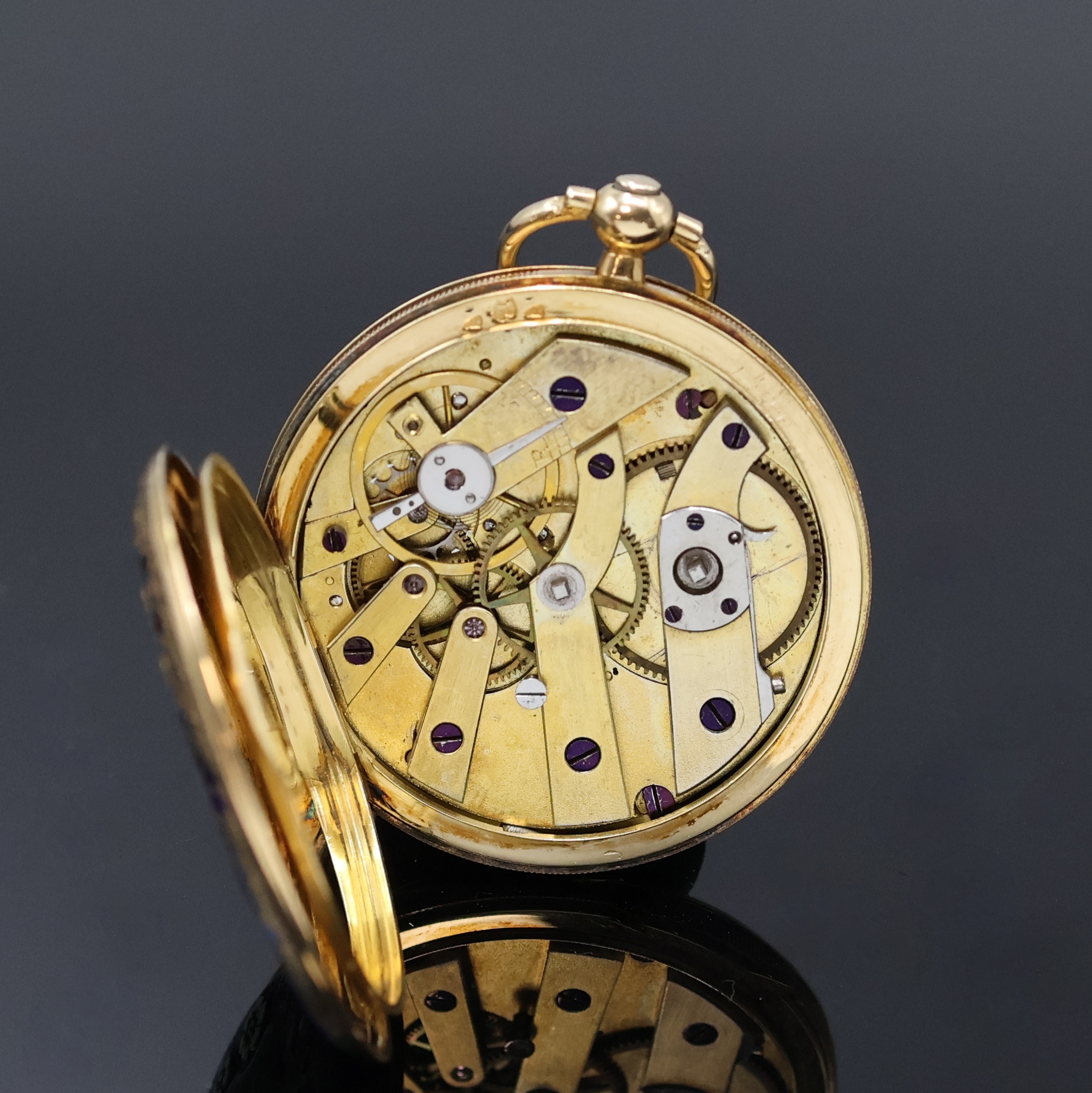 Detail g: BOLVILLER Paris kleine Savonette mit emailliertem Gehäuse in GG 750/000, Schweiz/Frankreich um 1880, Schlüsselaufzug, 3-Deckel Goldgeh., florale ...