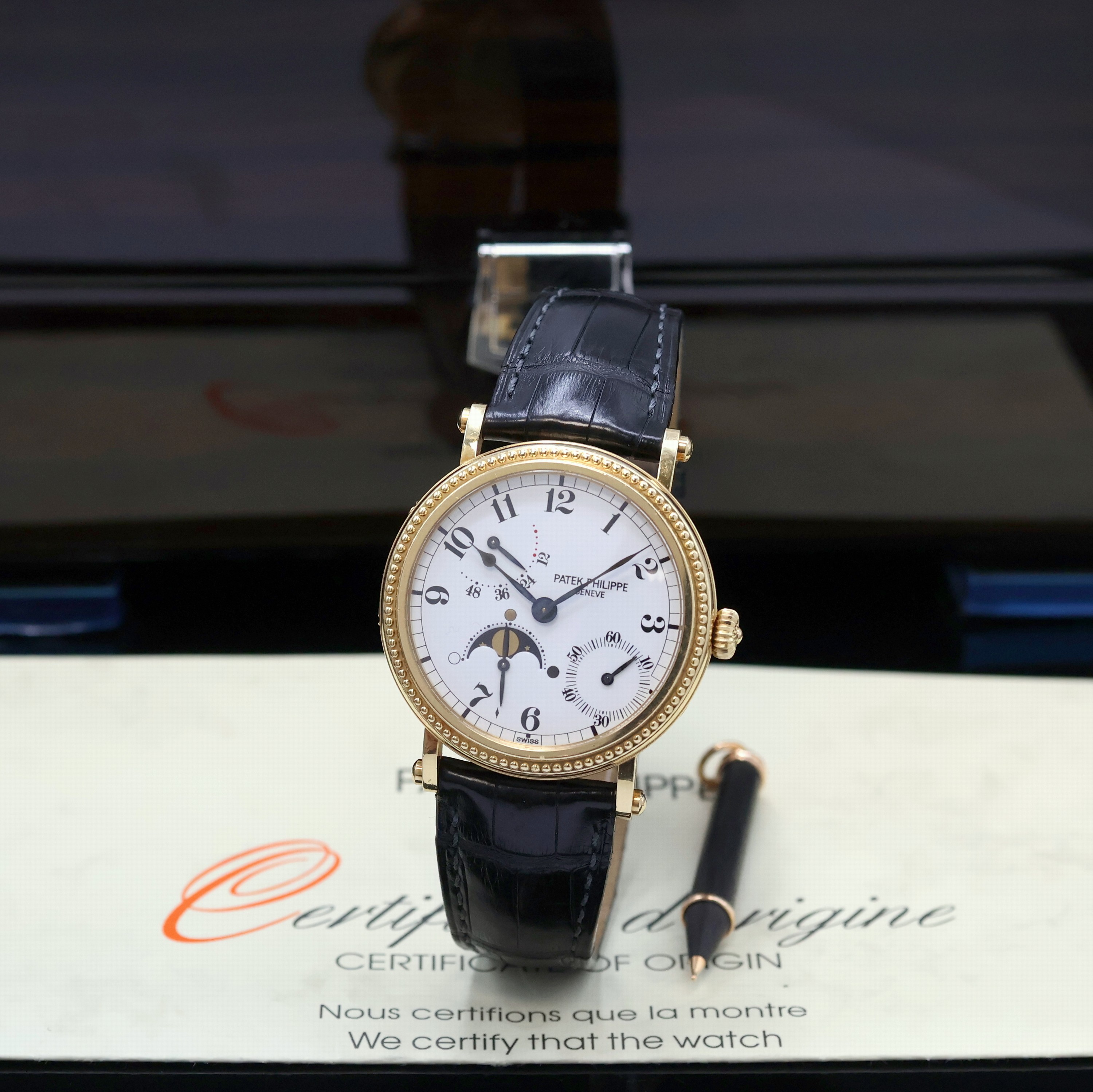 PATEK PHILIPPE "Complications" Offizier Armbanduhr Referenz 5015 in GG 750/000, Schweiz um 1993, Automatik, Scharnierboden, Korrekturdr. ...