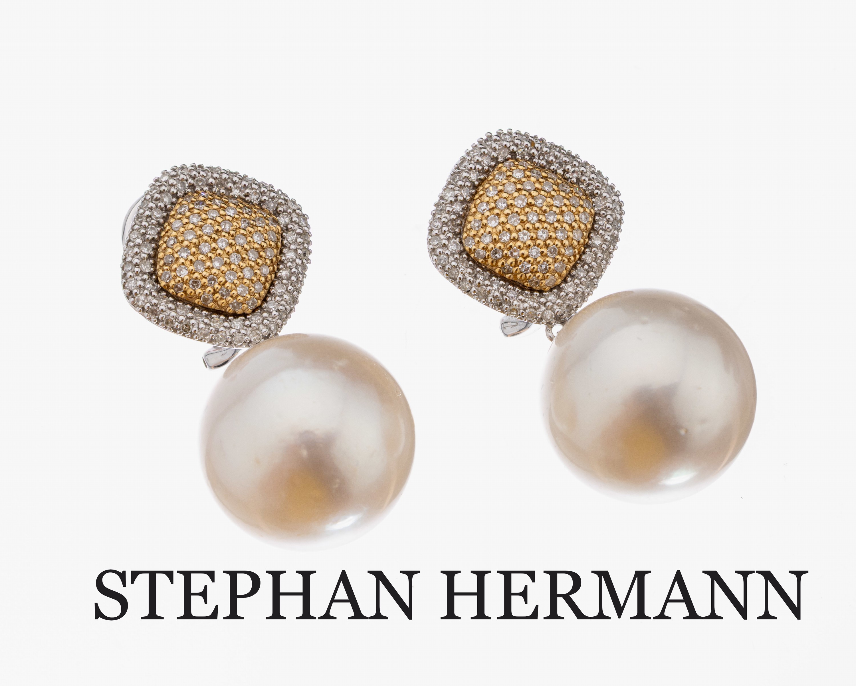 Paar 14 kt Gold Perl-Diamant-Ohrstecker, WG/GG 585/000, 2 weiße Südseezuchtperlen, D. ca. 15.9 mm, nat. Merkmale, ca. 190 8/8- Diamanten zus. ca. ...